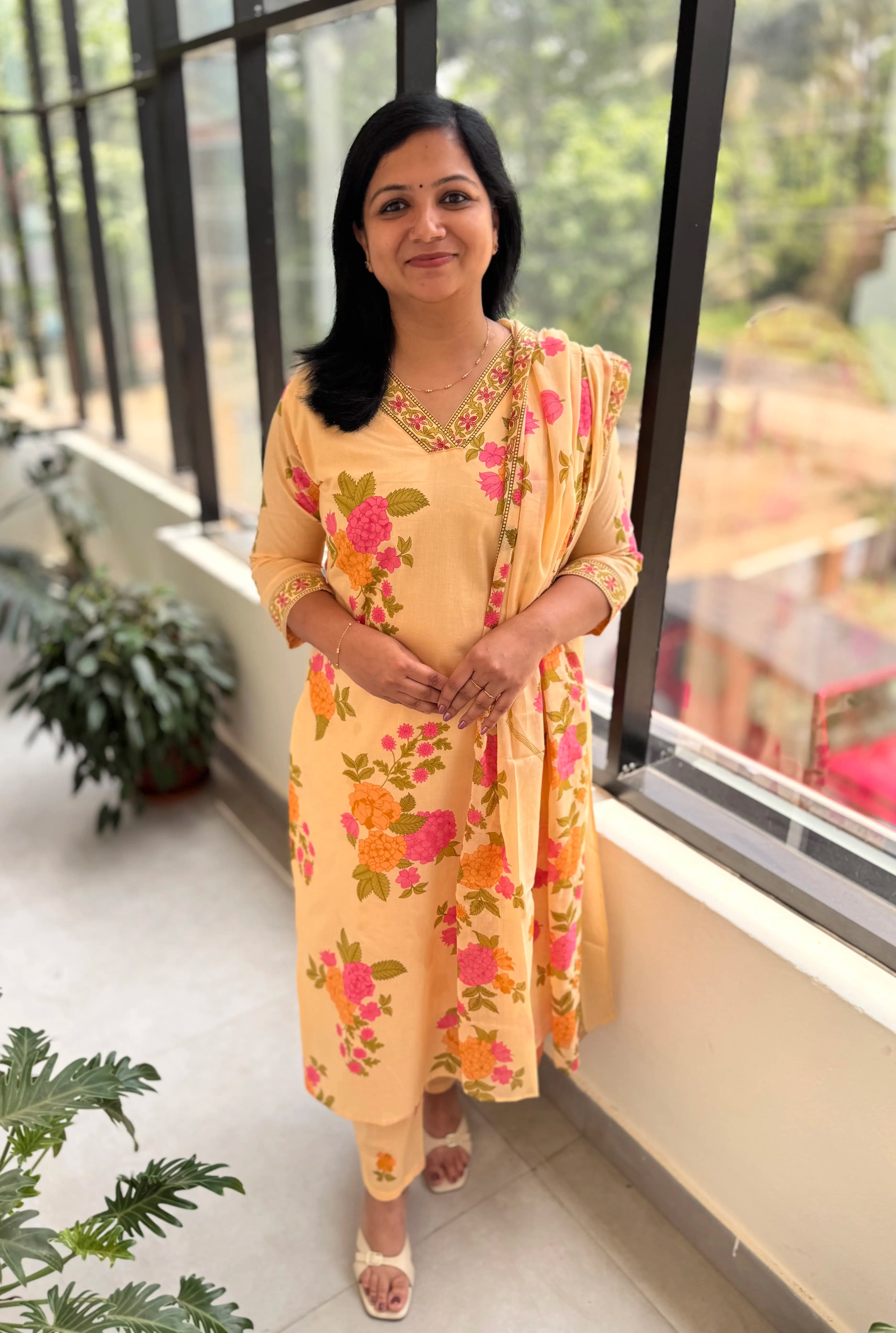 3 Piece Set In Jaipur Cotton - Yellow mix Sandal