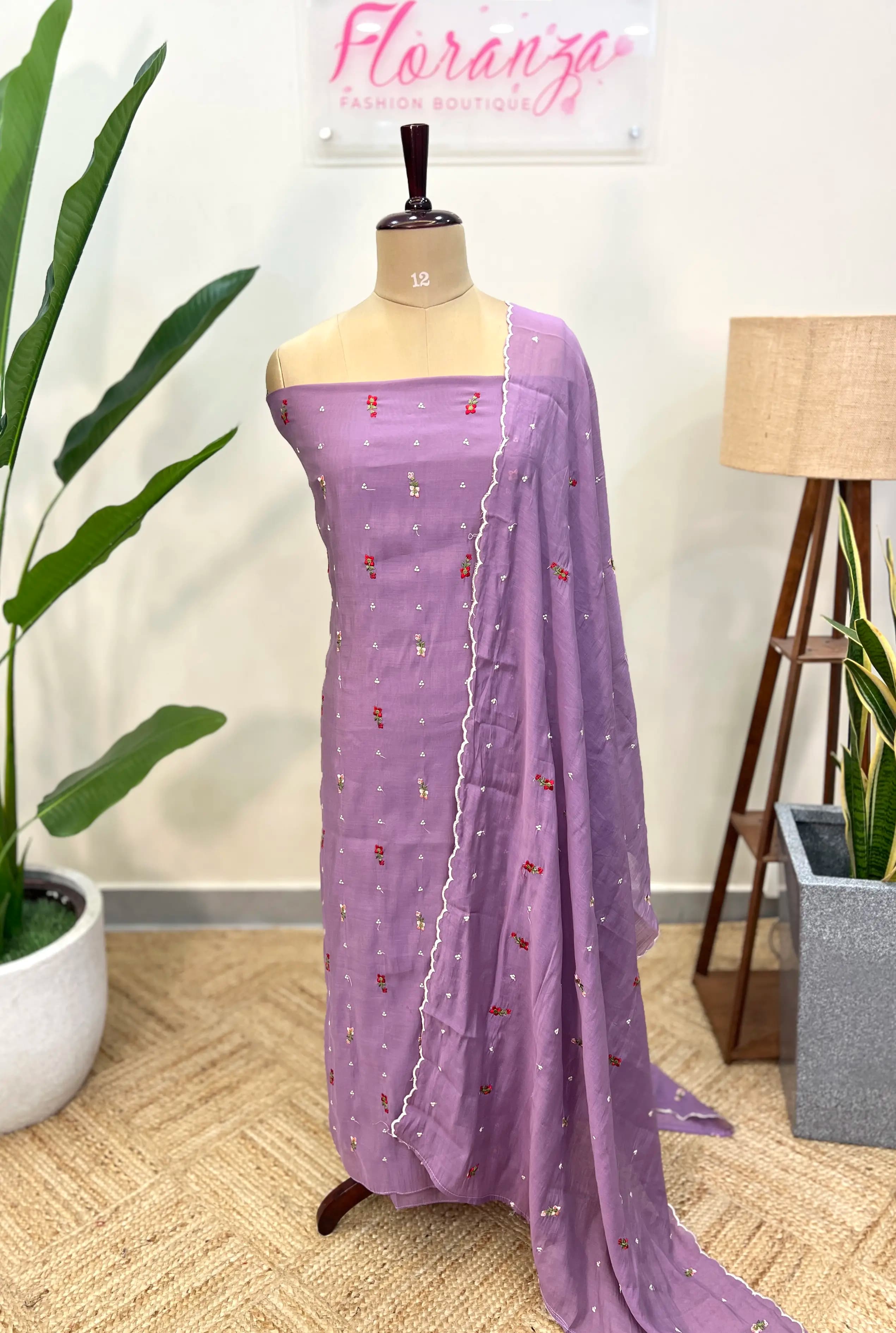 Unstitched Salwar Material in Mul-Chanderi - Lavender