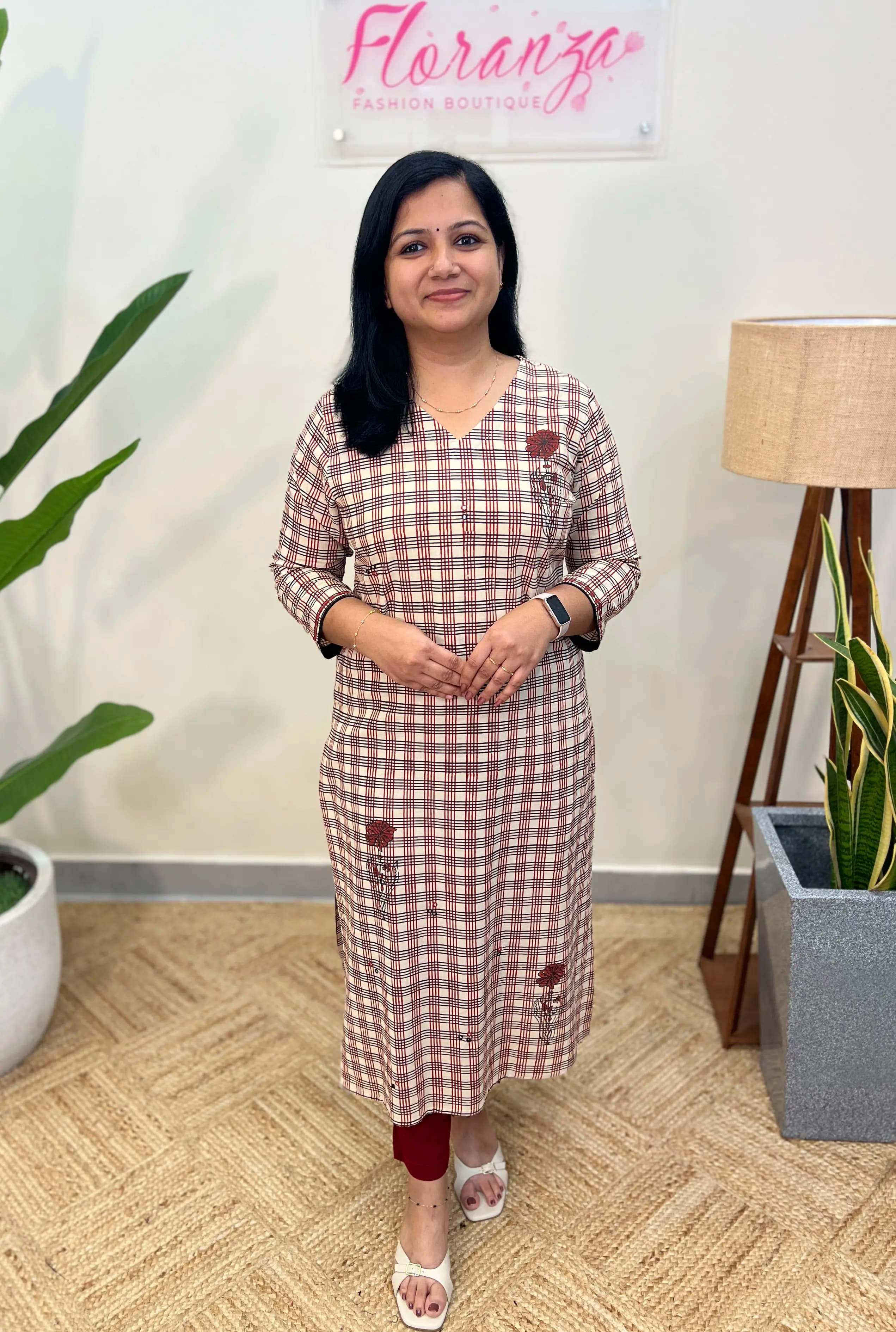 Anvita Brand Kurti In Cotton - Beige n Maroon