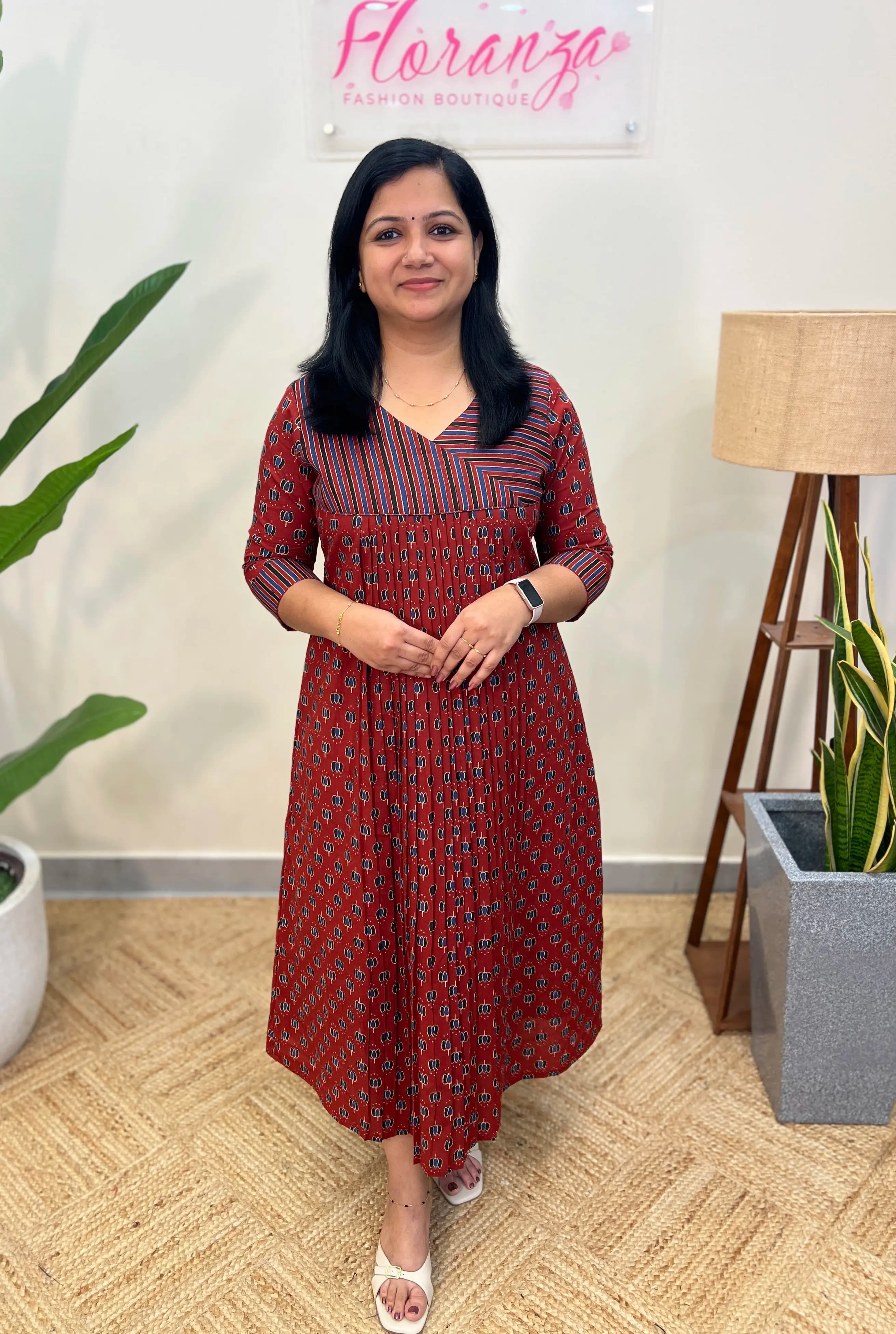 Florista Aline Kurti in Printed Cotton - Brick Red
