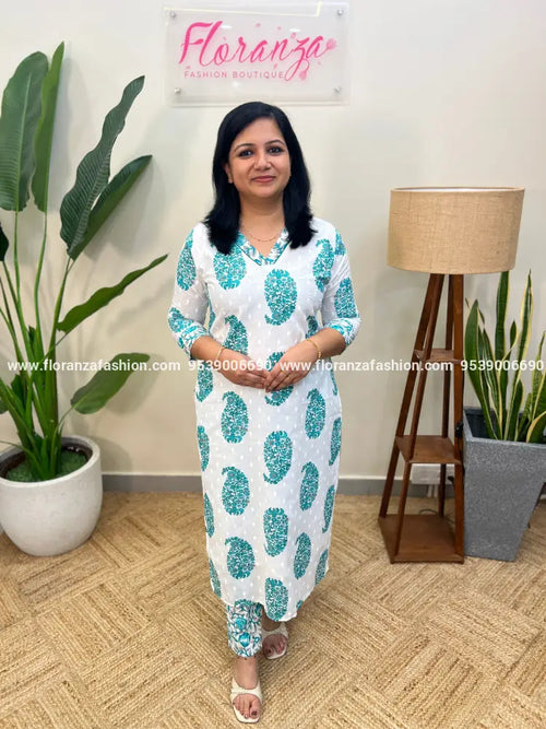 2 Piece Set in Cotton - Peacock mix Turquoise (3969C) - Peacock Green / L