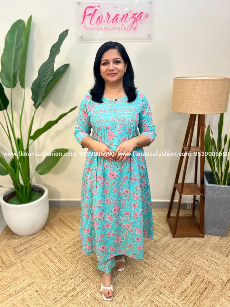 2 Piece Set in Printed Cotton - Aqua Blue (3967C) - Blue / M