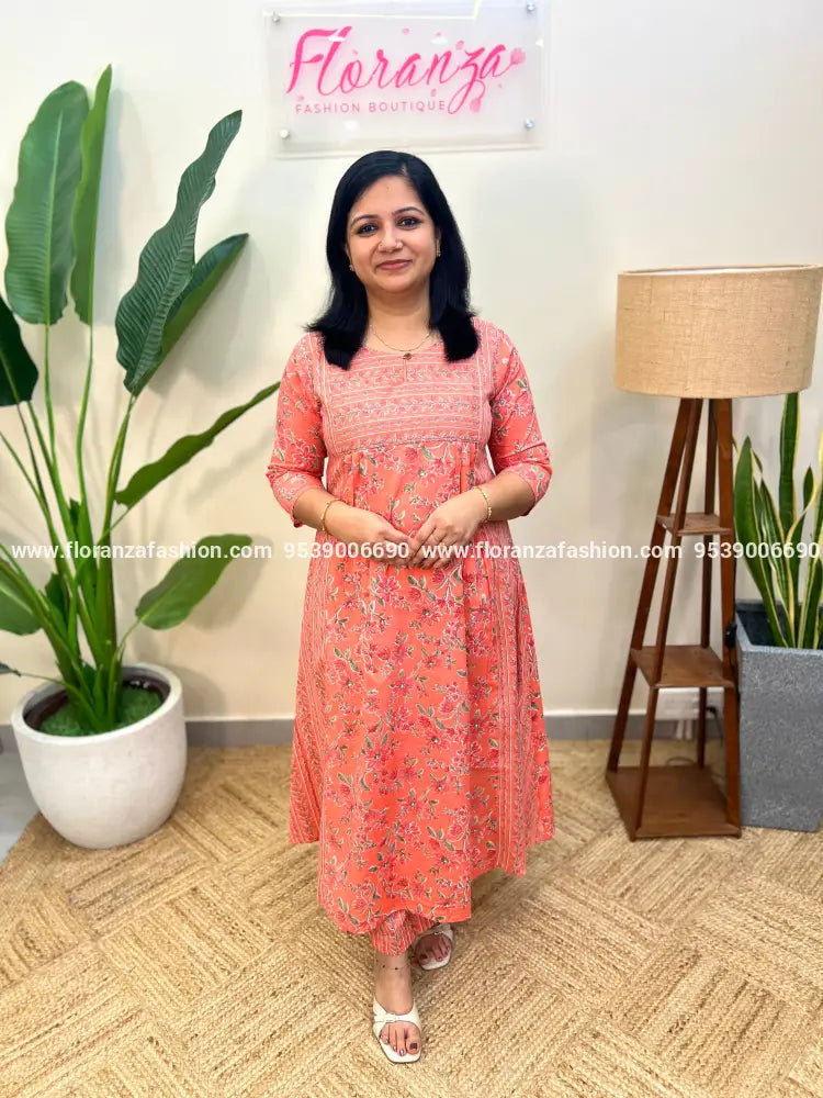2 Piece Set in Printed Cotton - Orange Peach (3967D) - Orange Peach / M