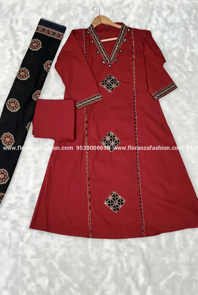 3 piece set in cotton - Red(3623A) - Red n Black / M