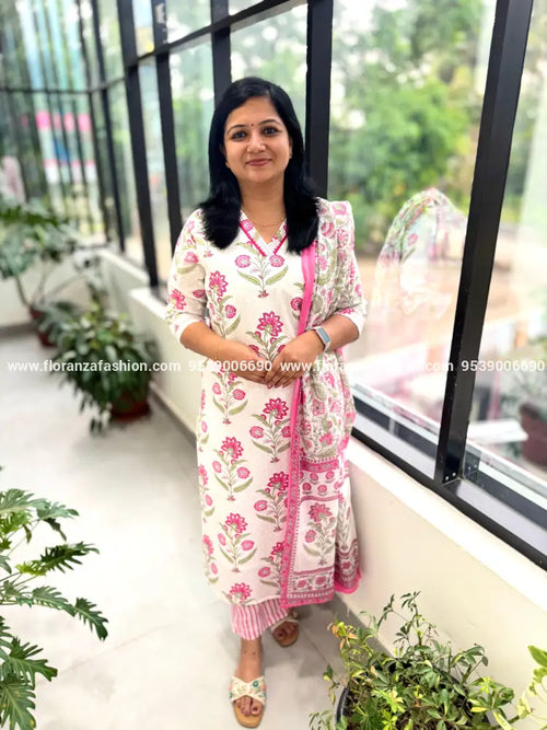 3 Piece Set In Jaipur Cotton - 3651 - Pink / M