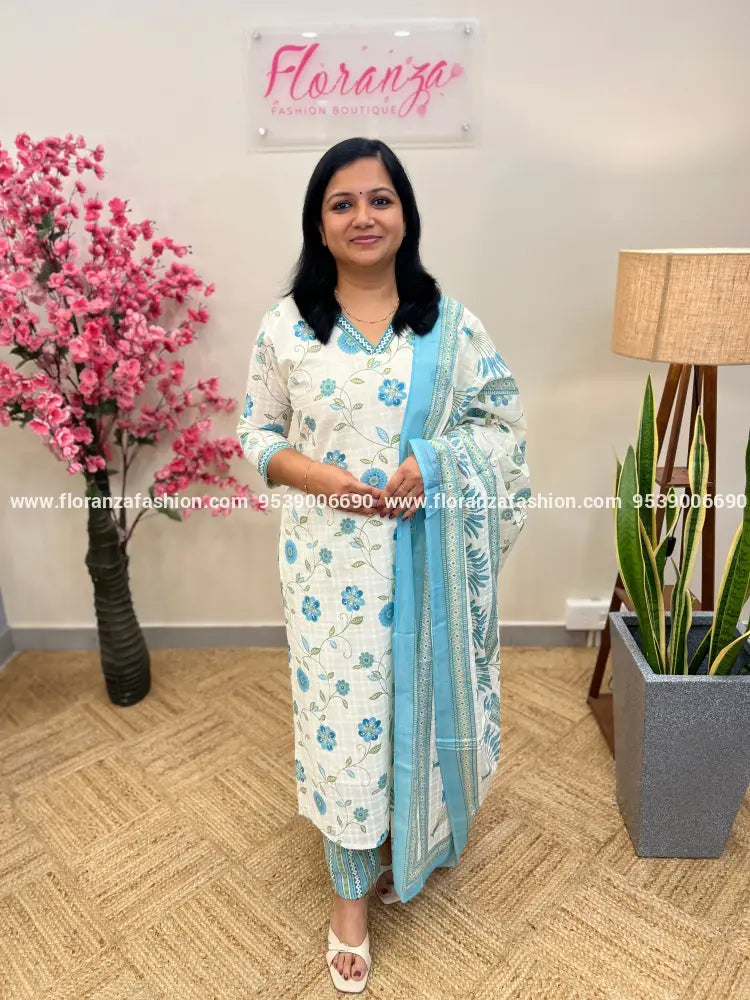 3 Piece Set In Jaipur Cotton - 3701 - Off-white n Blue / L