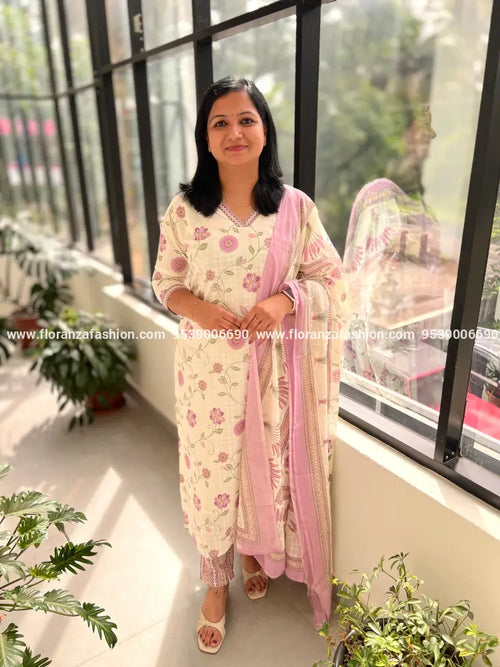 3 Piece Set In Jaipur Cotton - 3701 - Off-white n Lavender / L