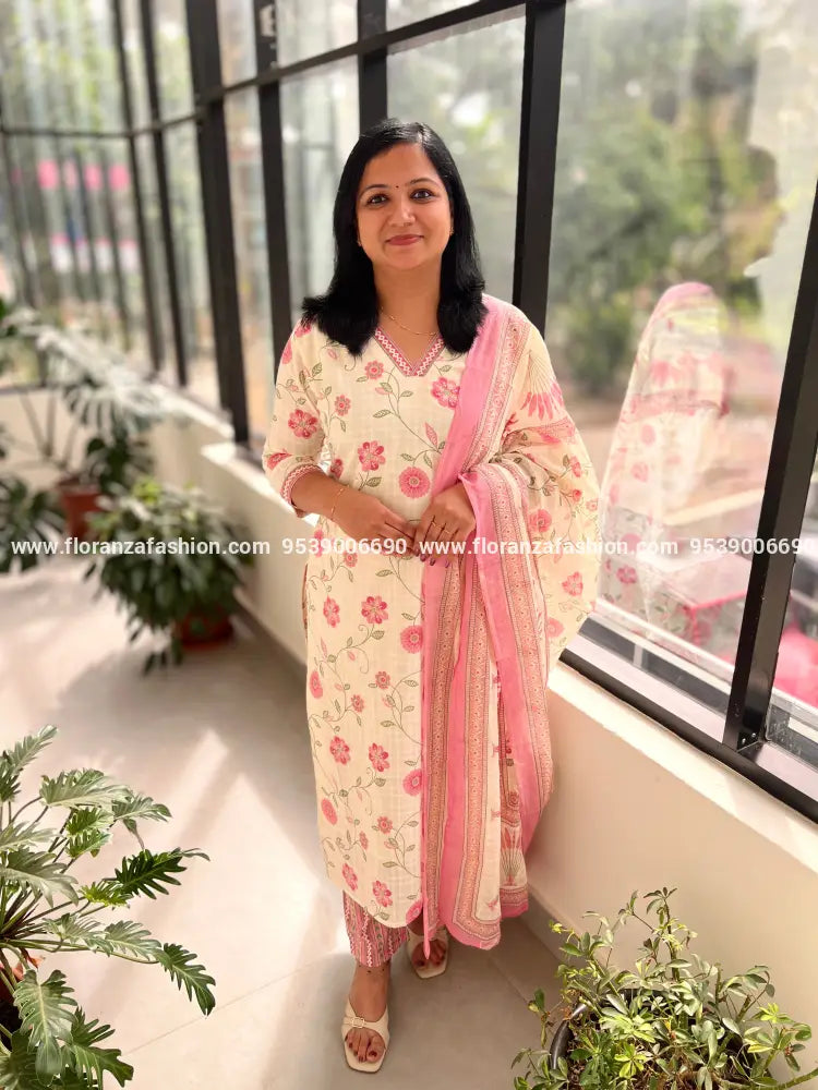 3 Piece Set In Jaipur Cotton - 3701 - Off-white n Pink / L