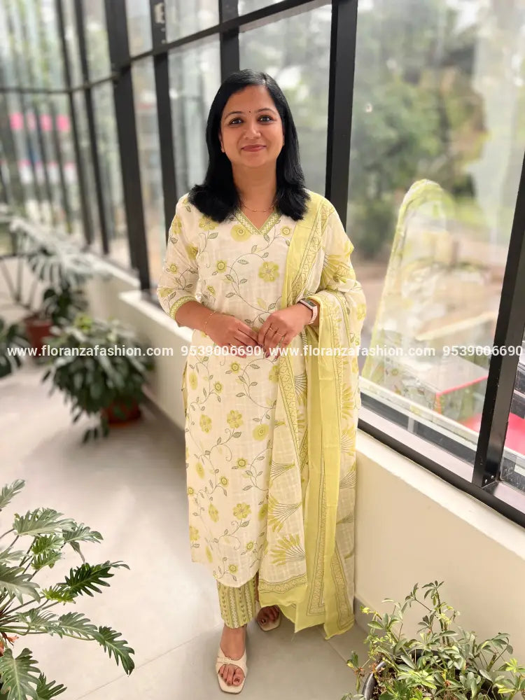 3 Piece Set In Jaipur Cotton - 3701 - Off-white n Pista Green / L
