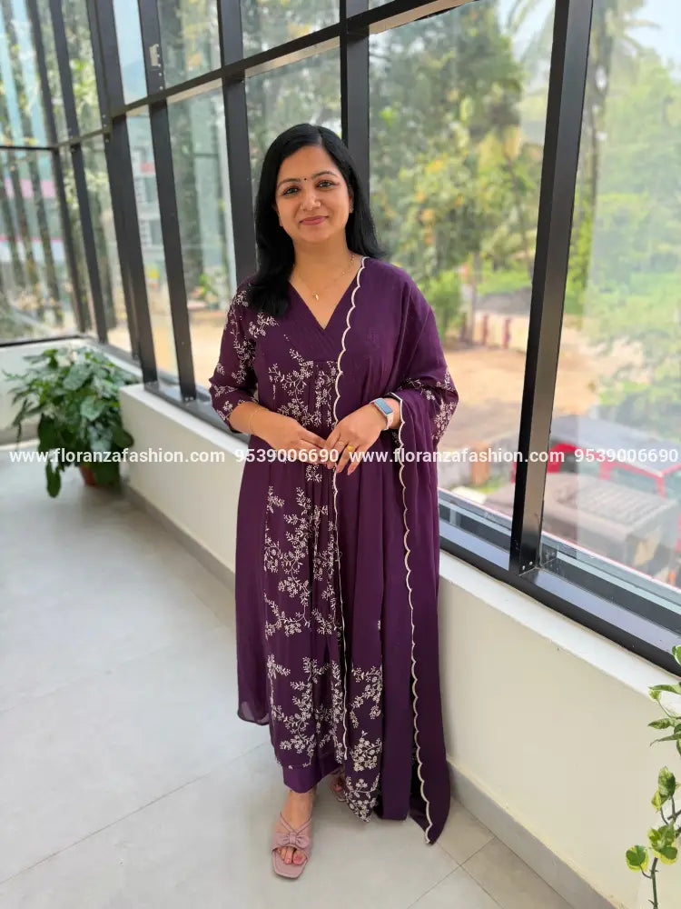 3 Piece Set In Mul-Chanderi - Purple (4109C) - Purple / L