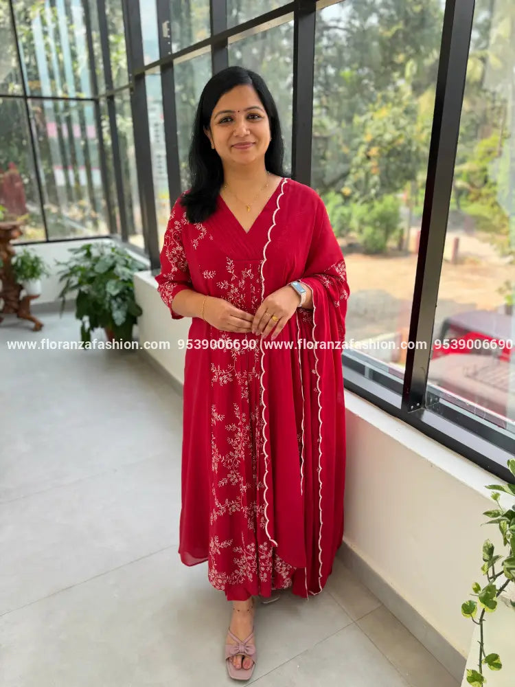 3 Piece Set In Mul-Chanderi - Red (4109B) - RED / L