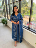 3 Piece Set In Mul-Chanderi - Teal Blue (4109) - TEAL BLUE / L