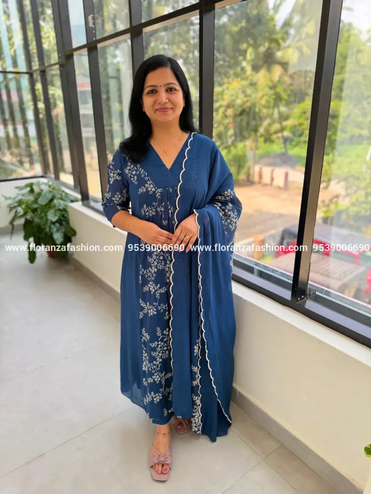 3 Piece Set In Mul-Chanderi - Teal Blue (4109) - TEAL BLUE / L