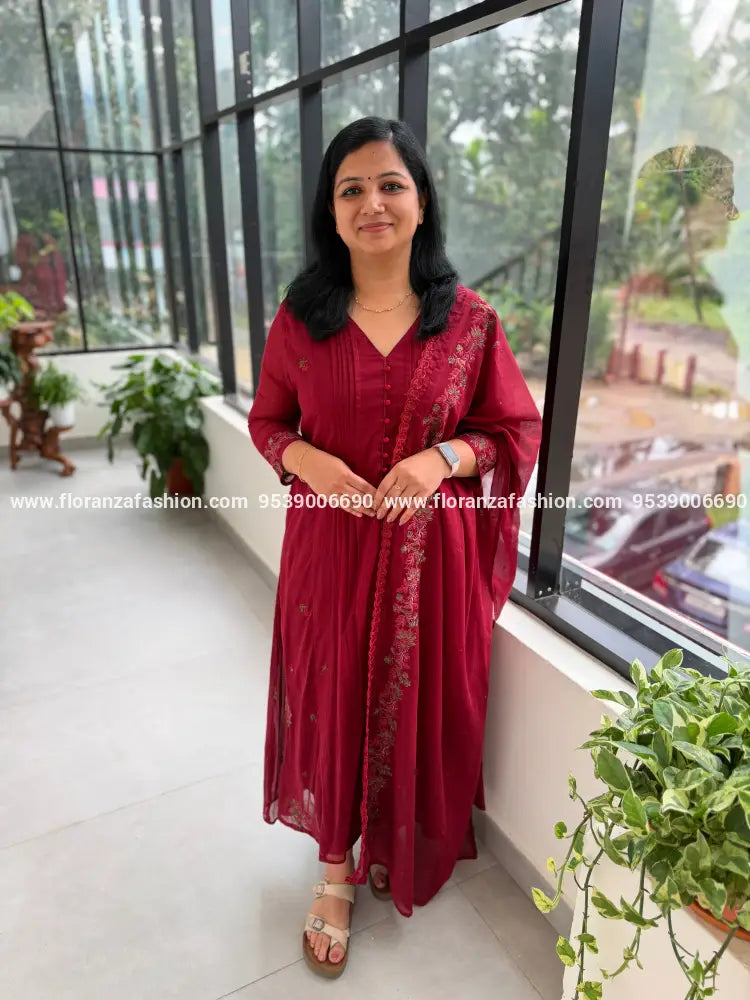 3 Piece Set in Mul Cotton - Dark Maroon (4144A) - Dark Maroon / M