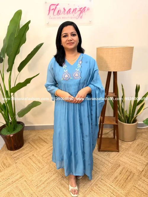 3 Piece Set In Premium Mul-Chanderi - Blue (4032B) - Blue / M