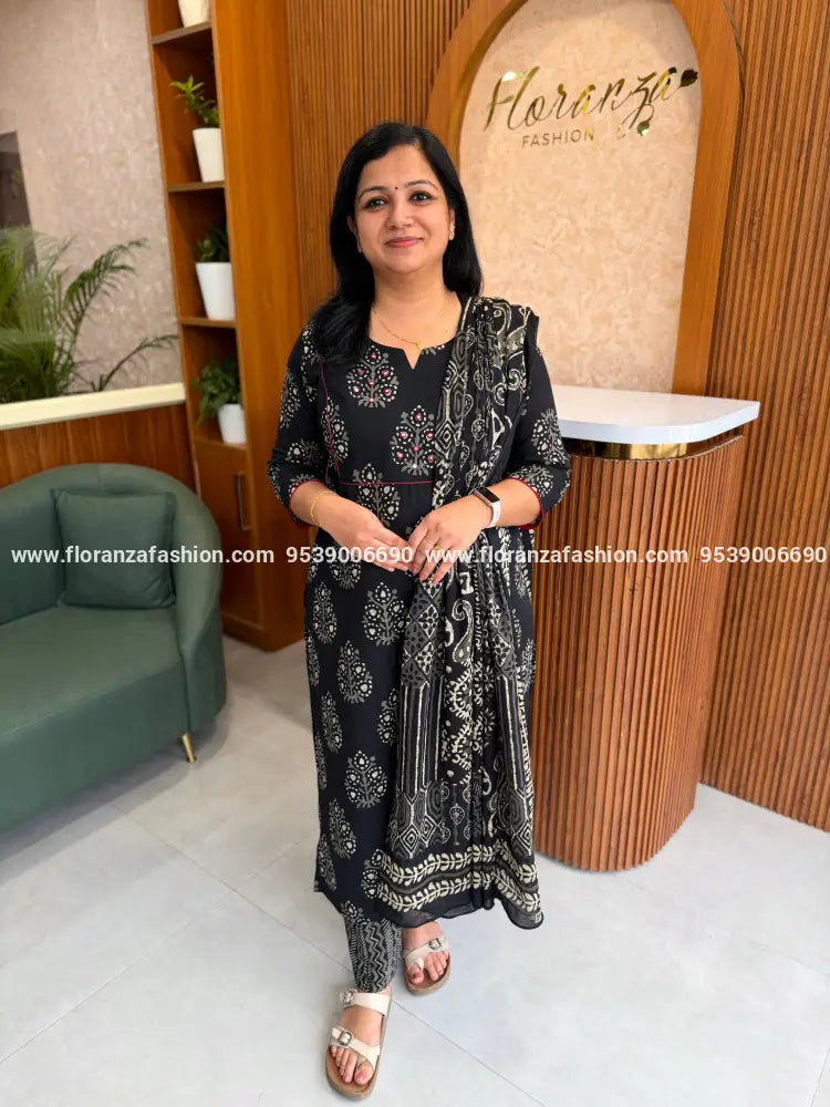 3 Piece Set in Printed Cotton - Black(4158A) - BLACK / L