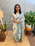 3 Piece Set in printed cotton - Off white n light teal blue (4021B) - TEAL BLUE / L