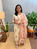 3 Piece Set in printed cotton - Off white n pastel peach (4021A) - Pastel Peach / L