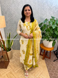 3 Piece Set in printed cotton - Off white n yellow mix olive green (4021C) - Mustard Yellow mix Olive Green / L
