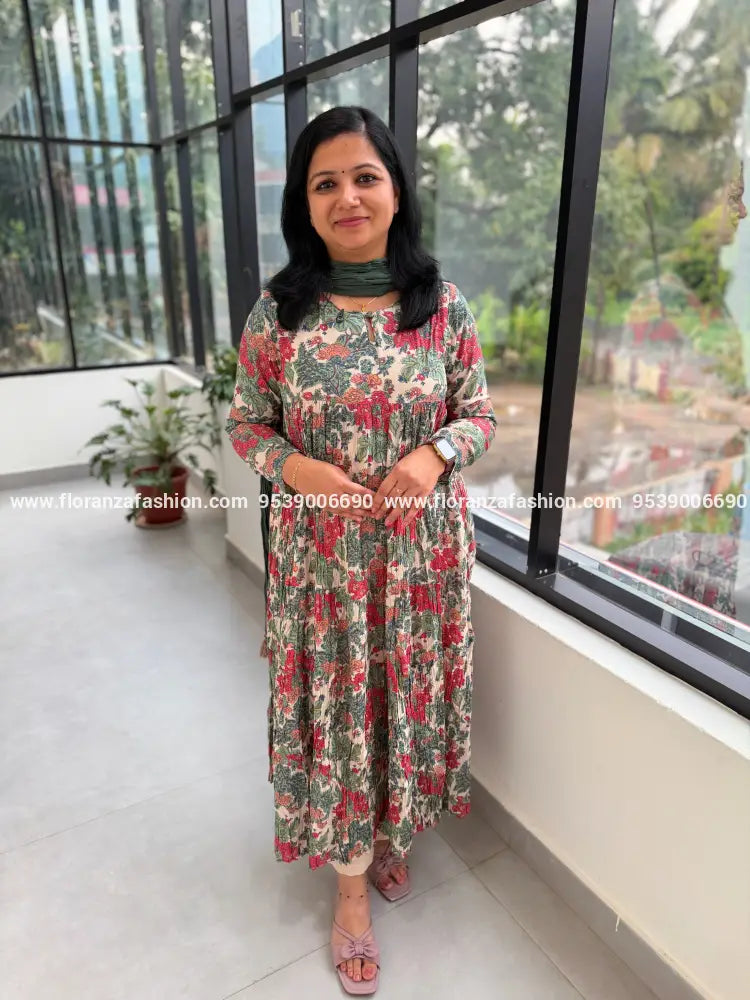 3 piece set in Pure Cotton - Green n Peach(4081) - Green / M