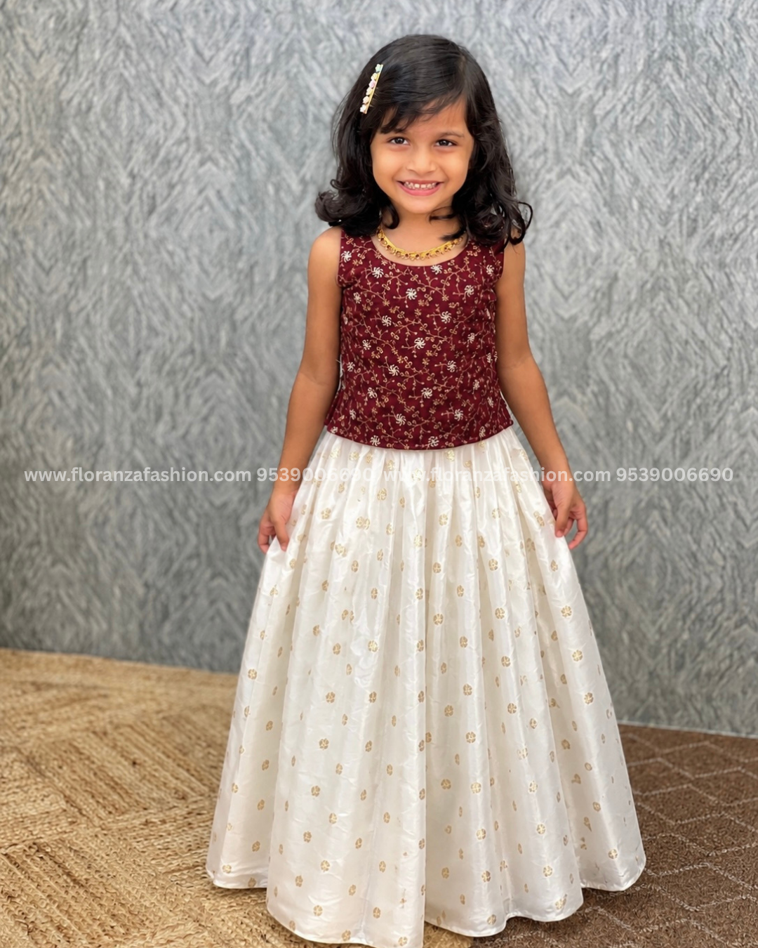 Florista Onam Special Kids Long Skirt and Top-Reddish Maroon(3895)