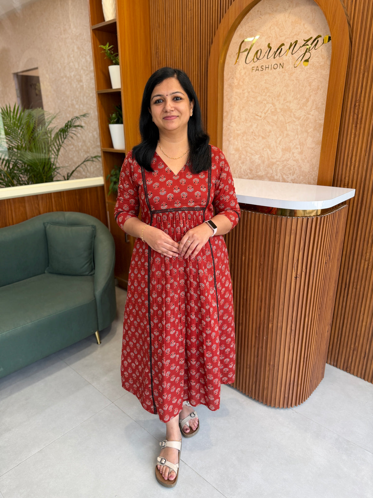 Florista Aline Kurti in Printed Cotton - Brick Red S Print (4152B)