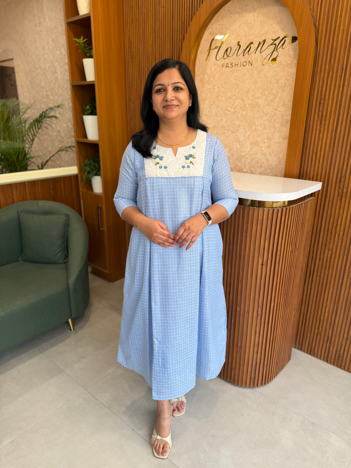 Florista Aline Designer Kurti in Weaved Cotton - Blue Check (4121F)