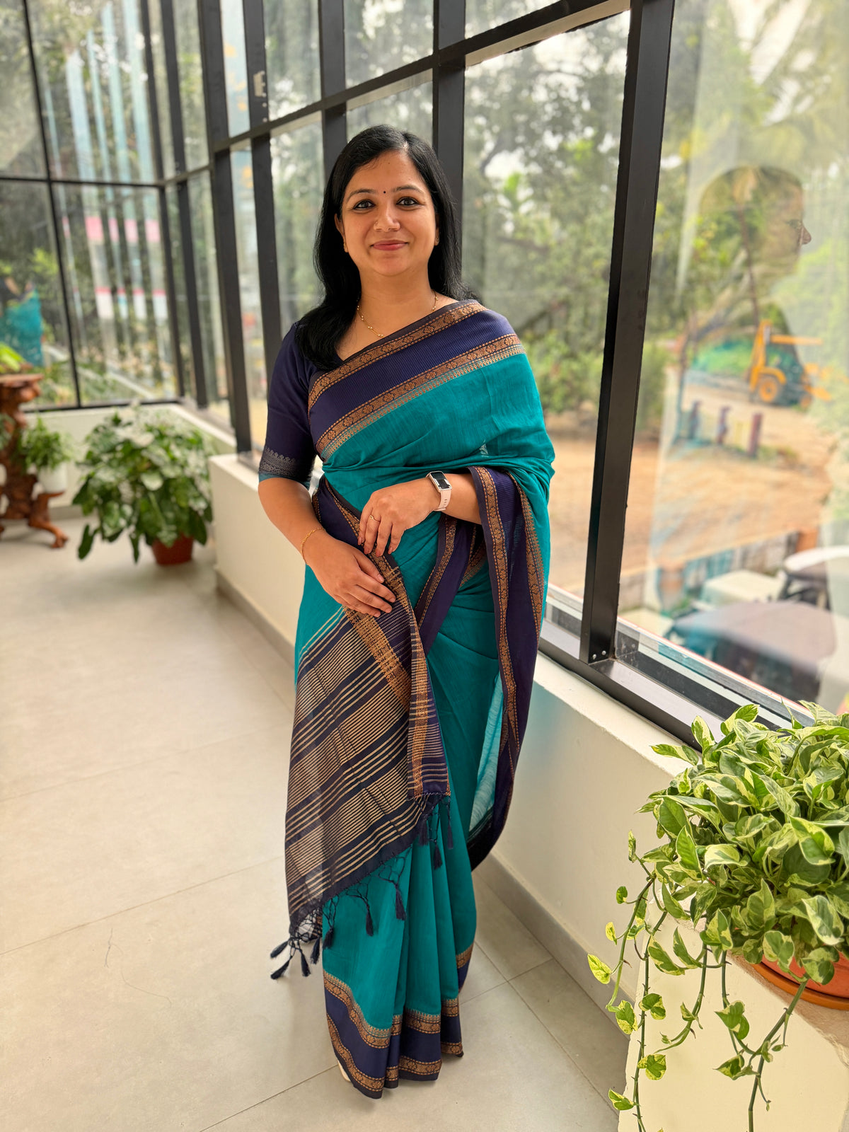 Semi Jute Saree - Peacock (4155)