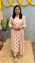 3 Piece Set In Printed Cotton-Off-White,Peach n Maroon( 3879)
