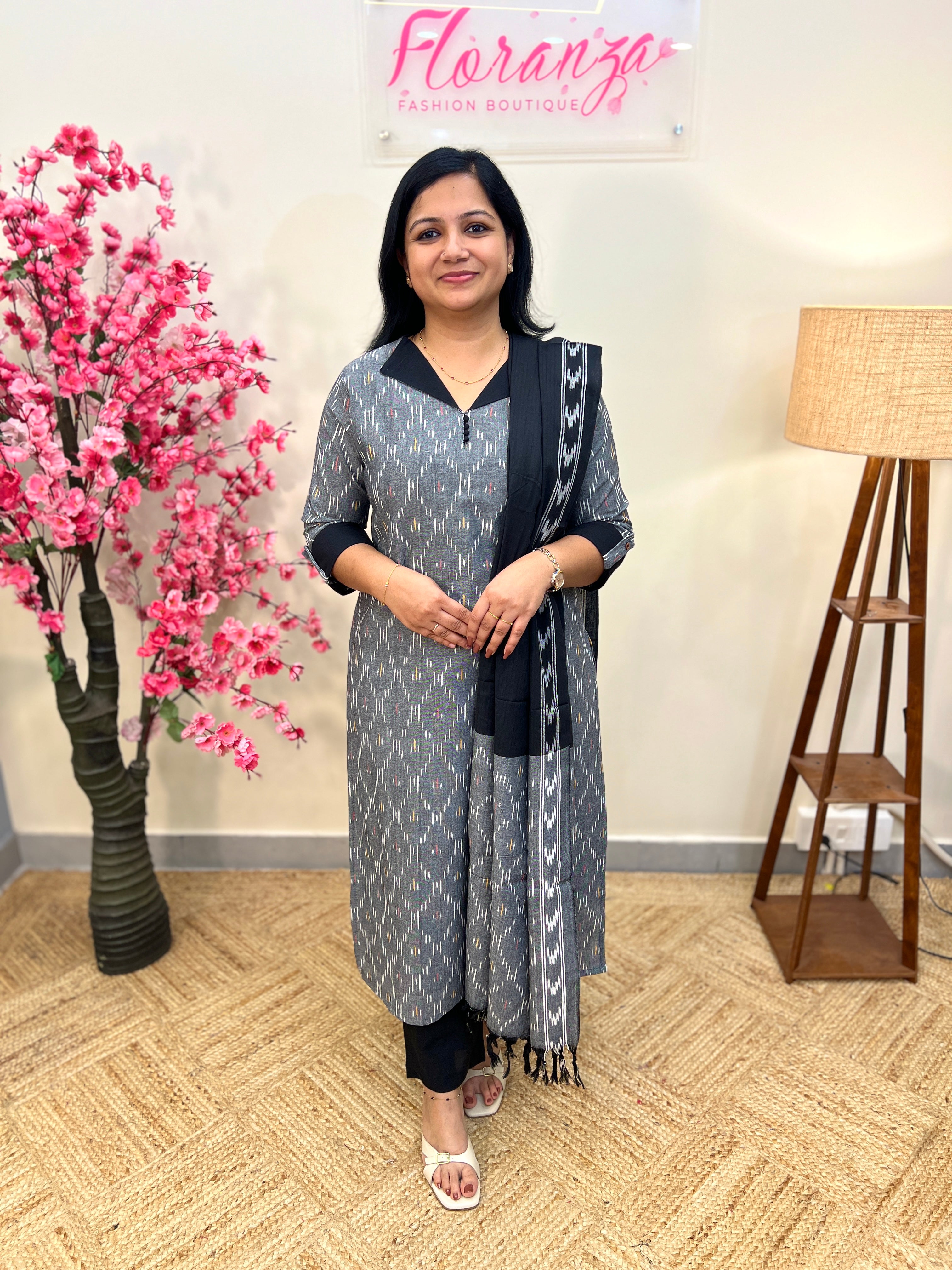 3 Piece Set In Pure Cotton Ikkath Print - 3809
