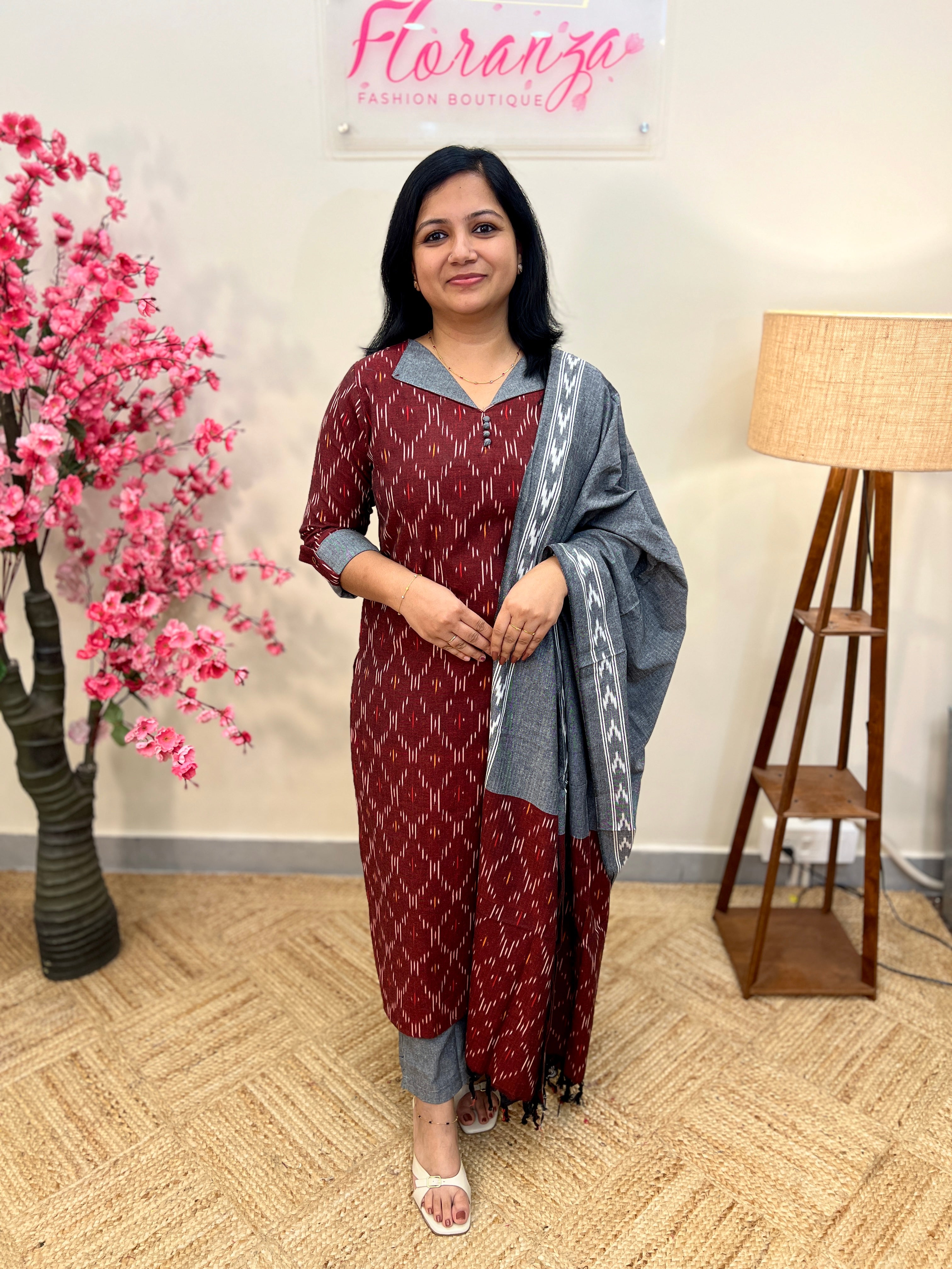 3 Piece Set In Pure Cotton Ikkath Print - 3809