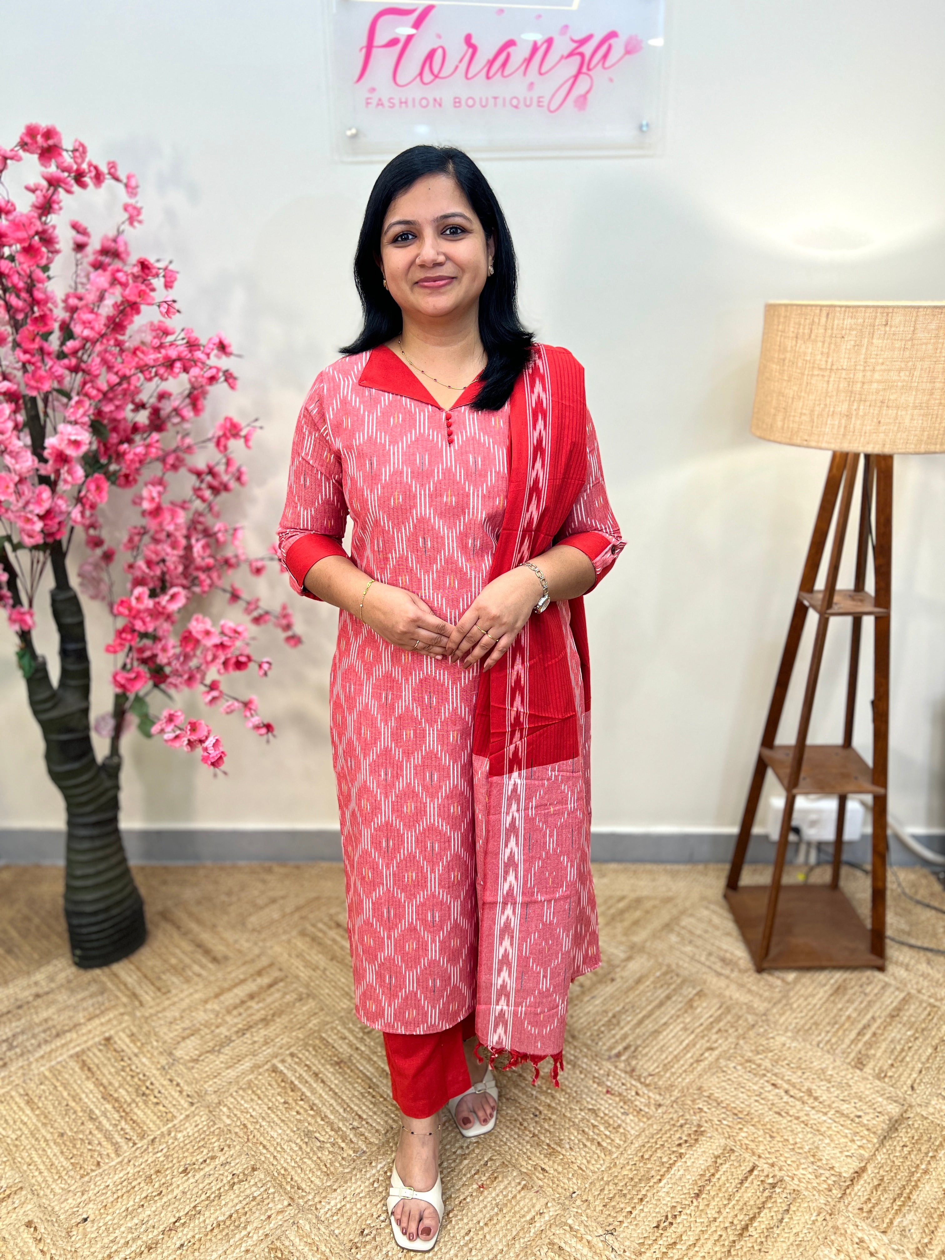 3 Piece Set In Pure Cotton Ikkath Print - 3809
