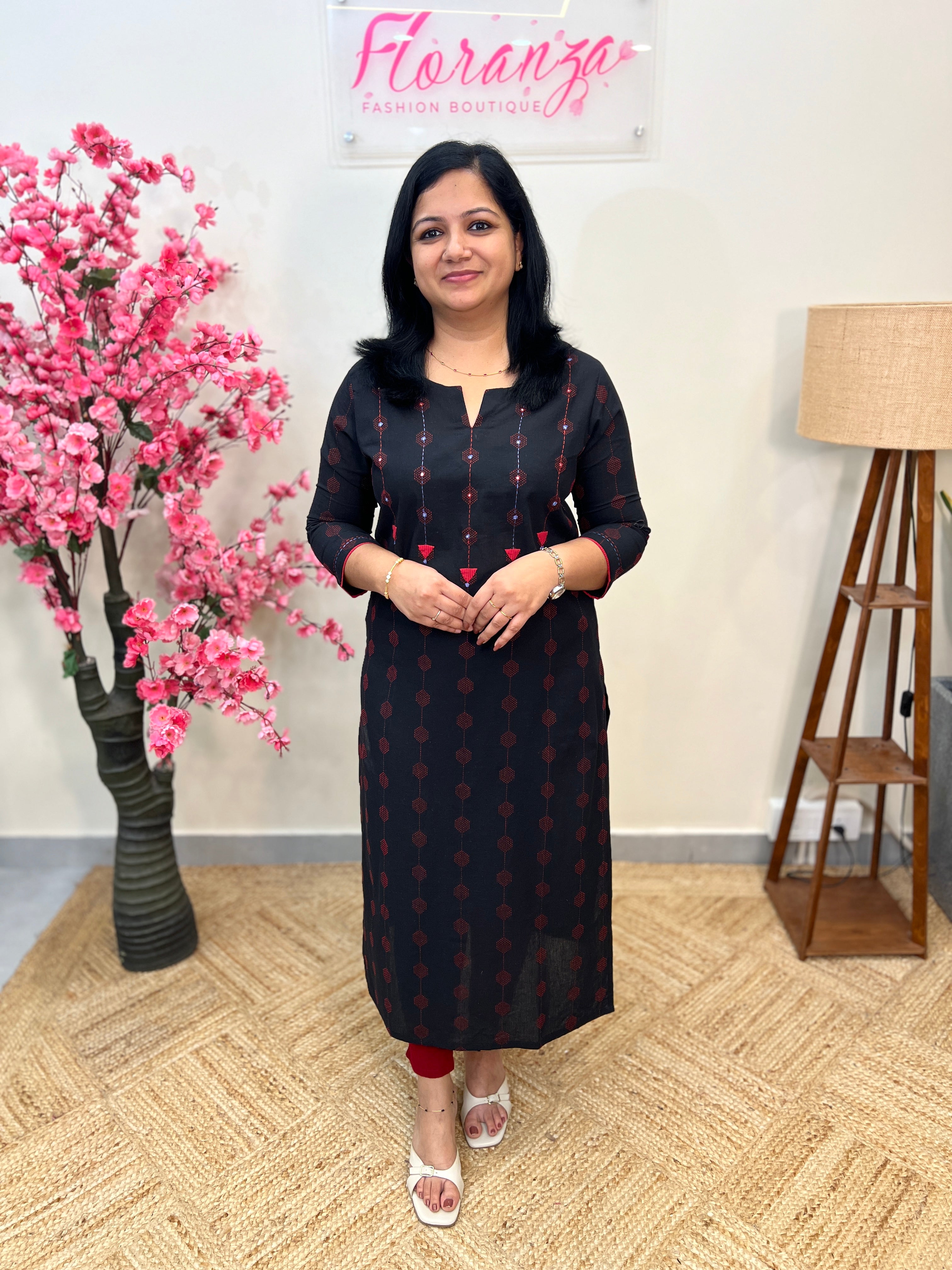 Anvita Brand Kurti in Weaved Cotton Black n Red (3839)