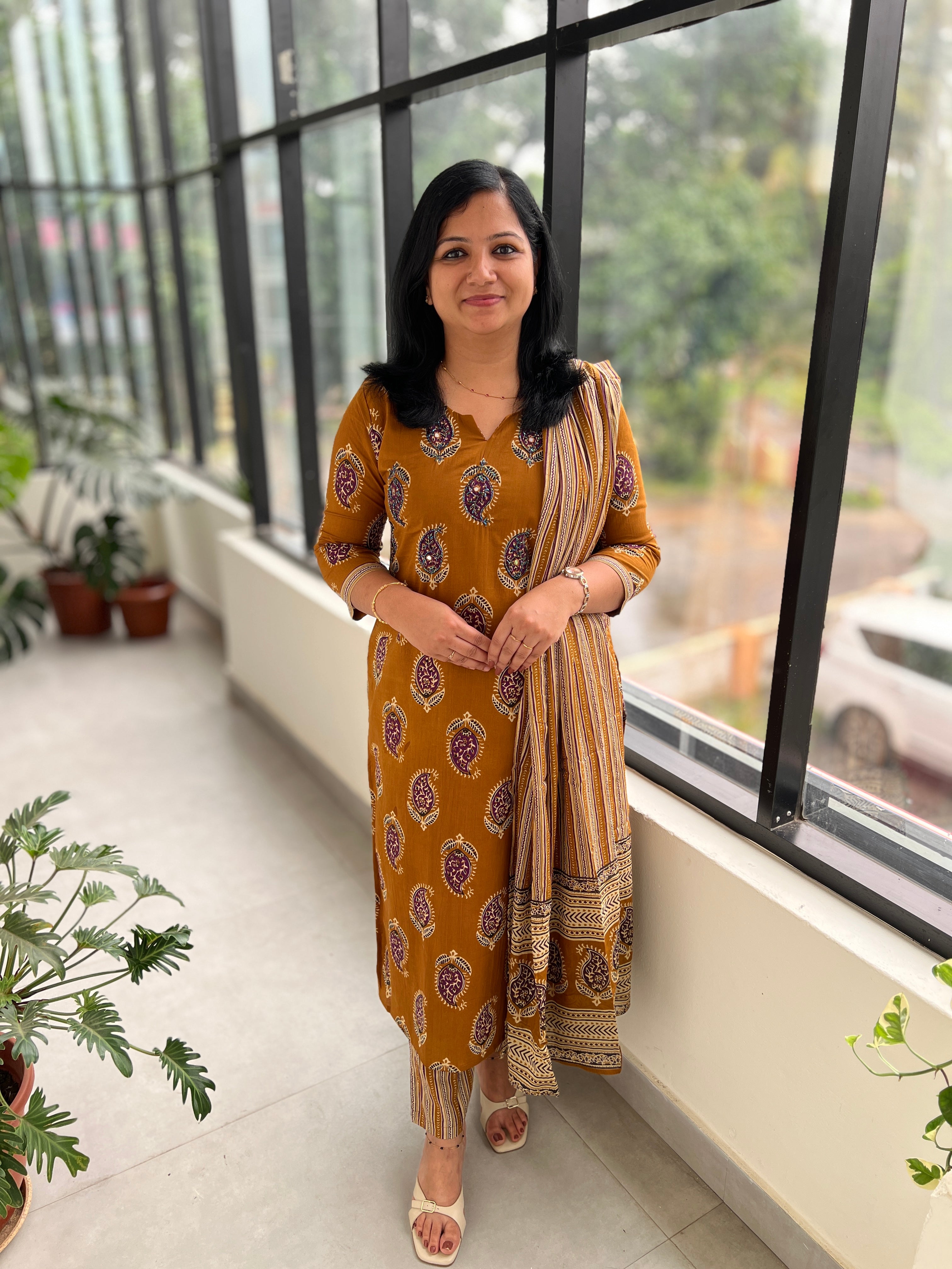 3 Piece Set In  Printed Cotton  Dark Mustard Yellow (3840B)