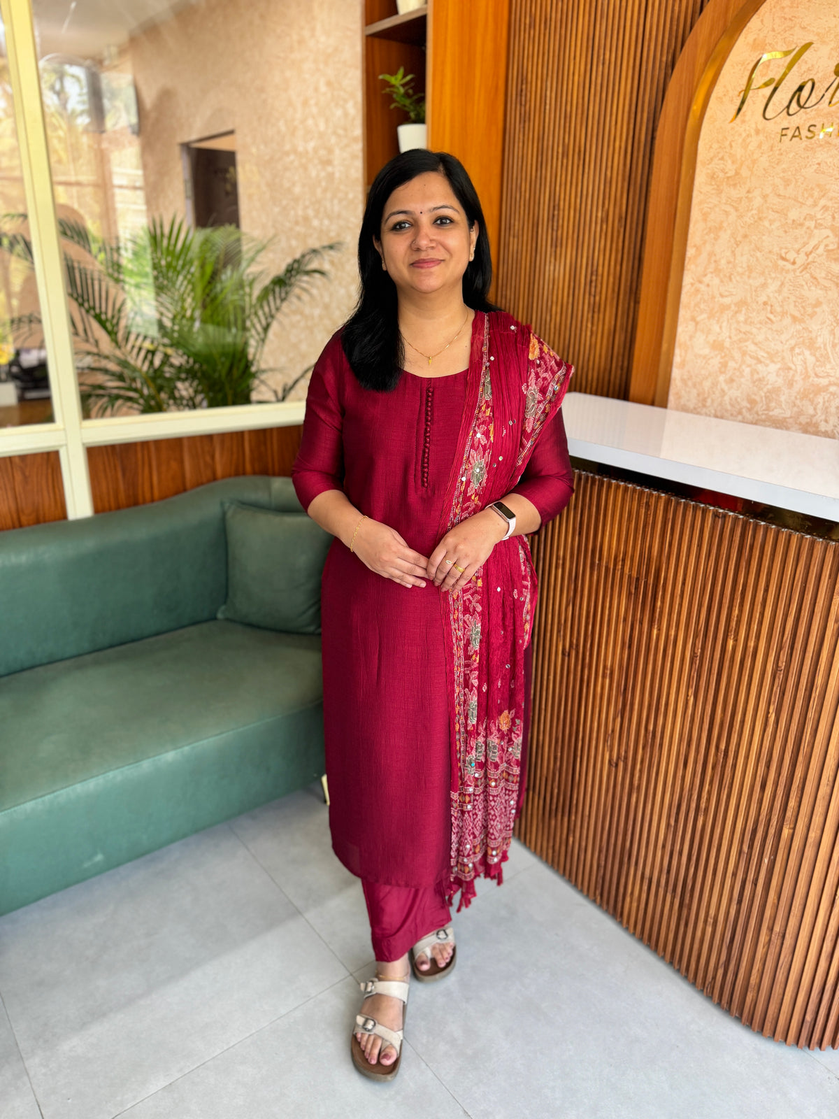 Florista 3 Piece Set in Vichitra Silk - Dark Maroon (4051T)