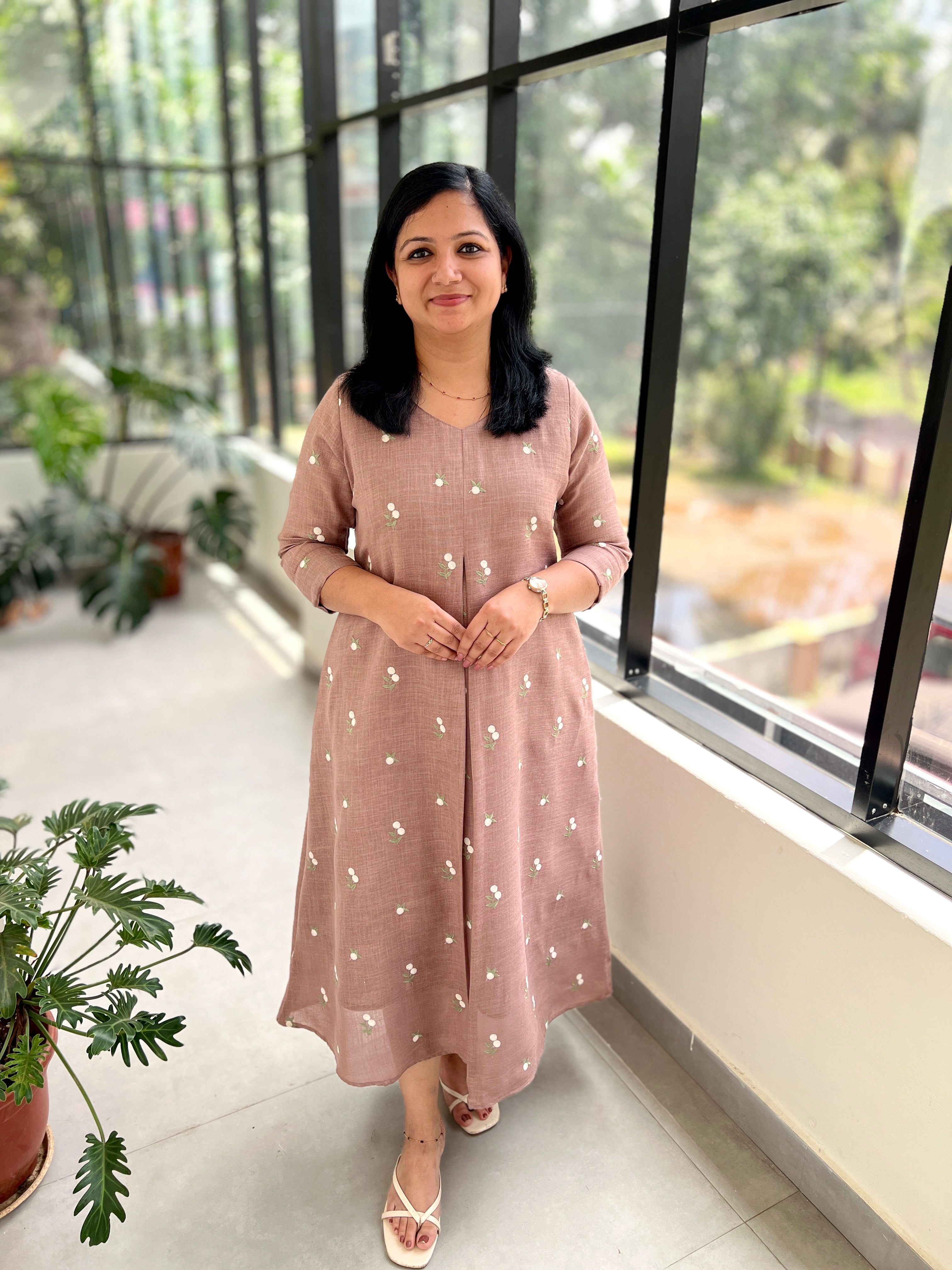 Florista Kurti In Poly Linen-Nude Brown n Lilac mix  (3859)