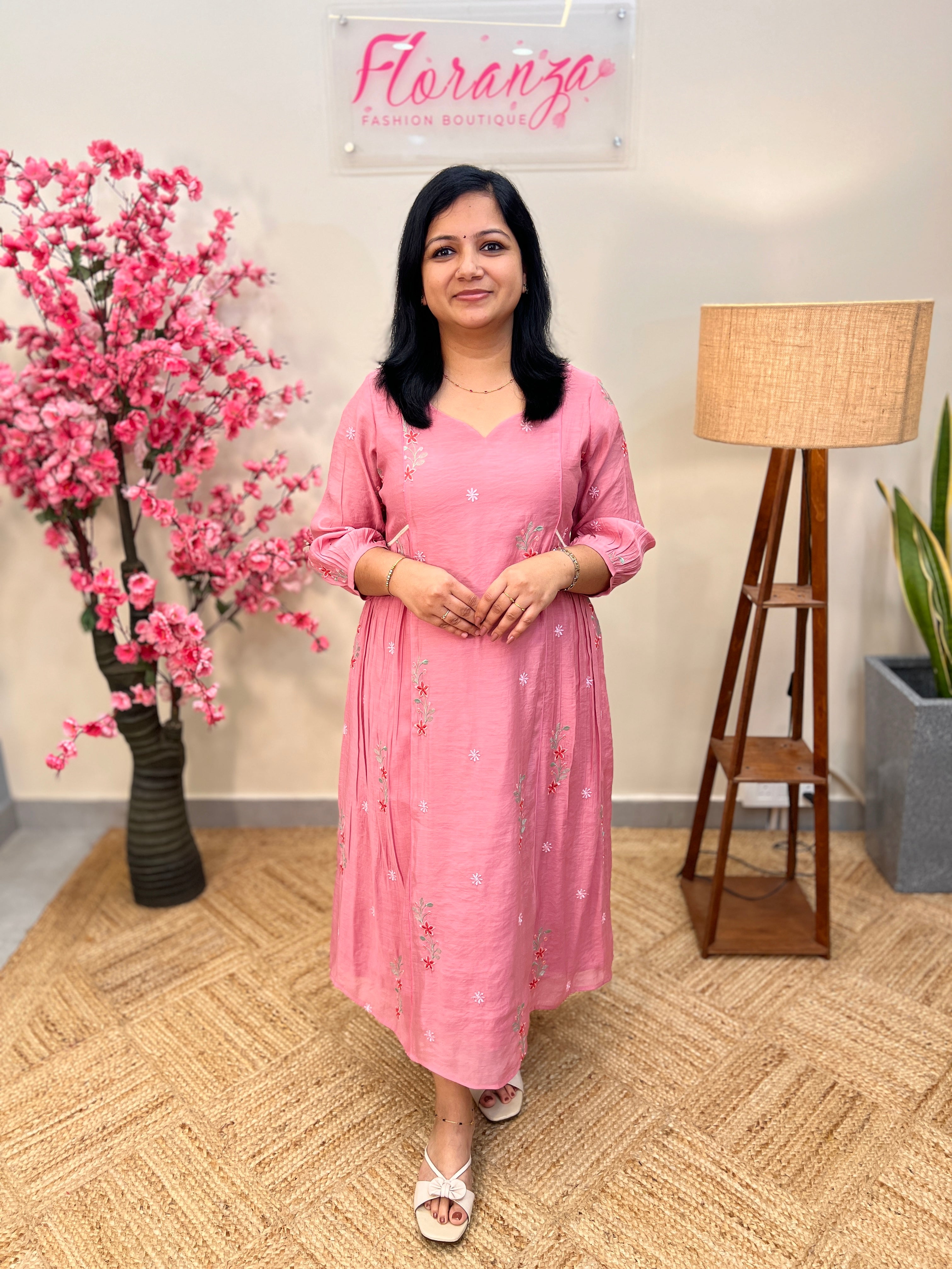 Florista Kurti in Mul- Chanderi-Pastel Pink (3861)