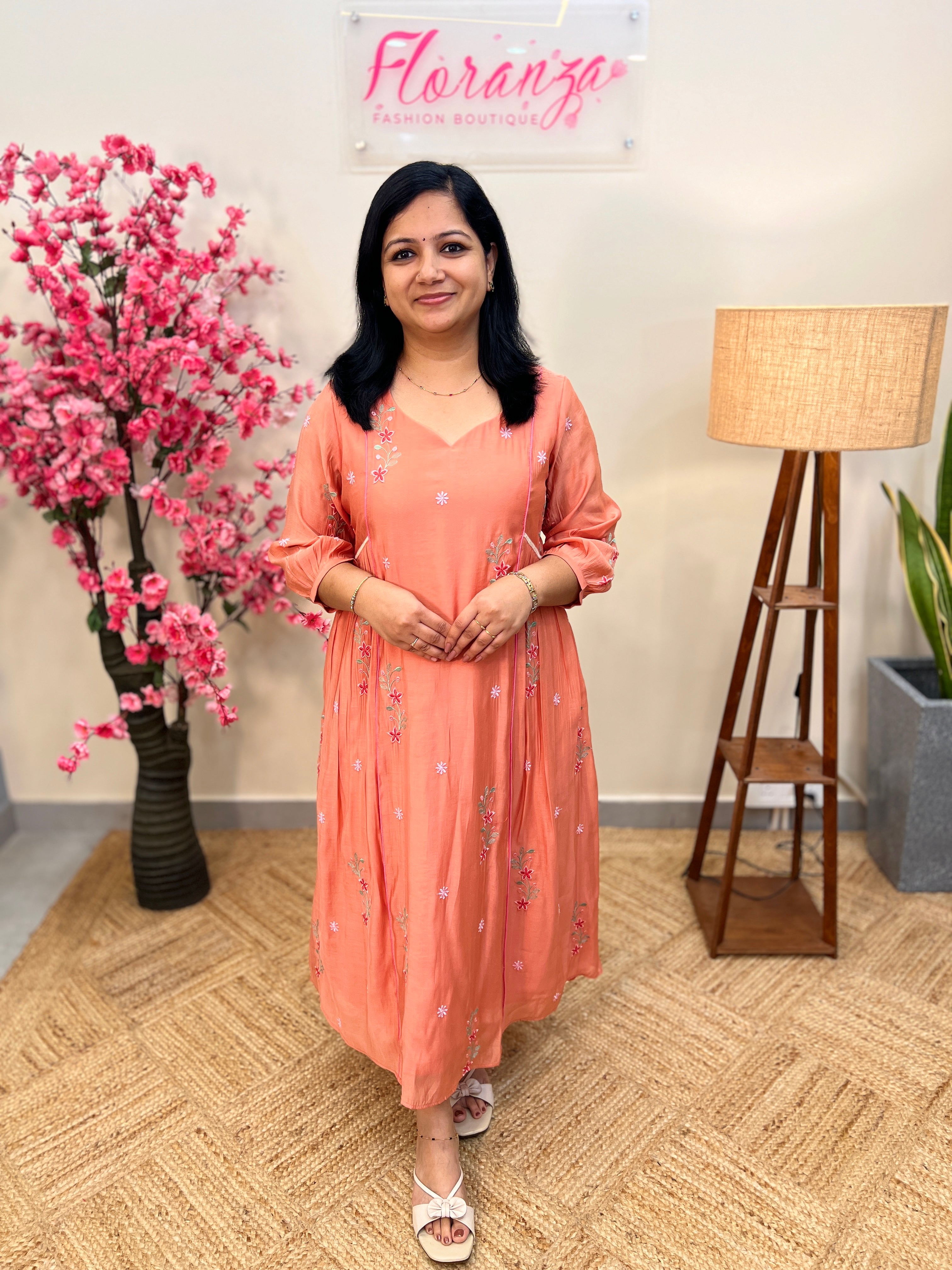 Florista Kurti in Mul- Chanderi-Dark Peach(3861)