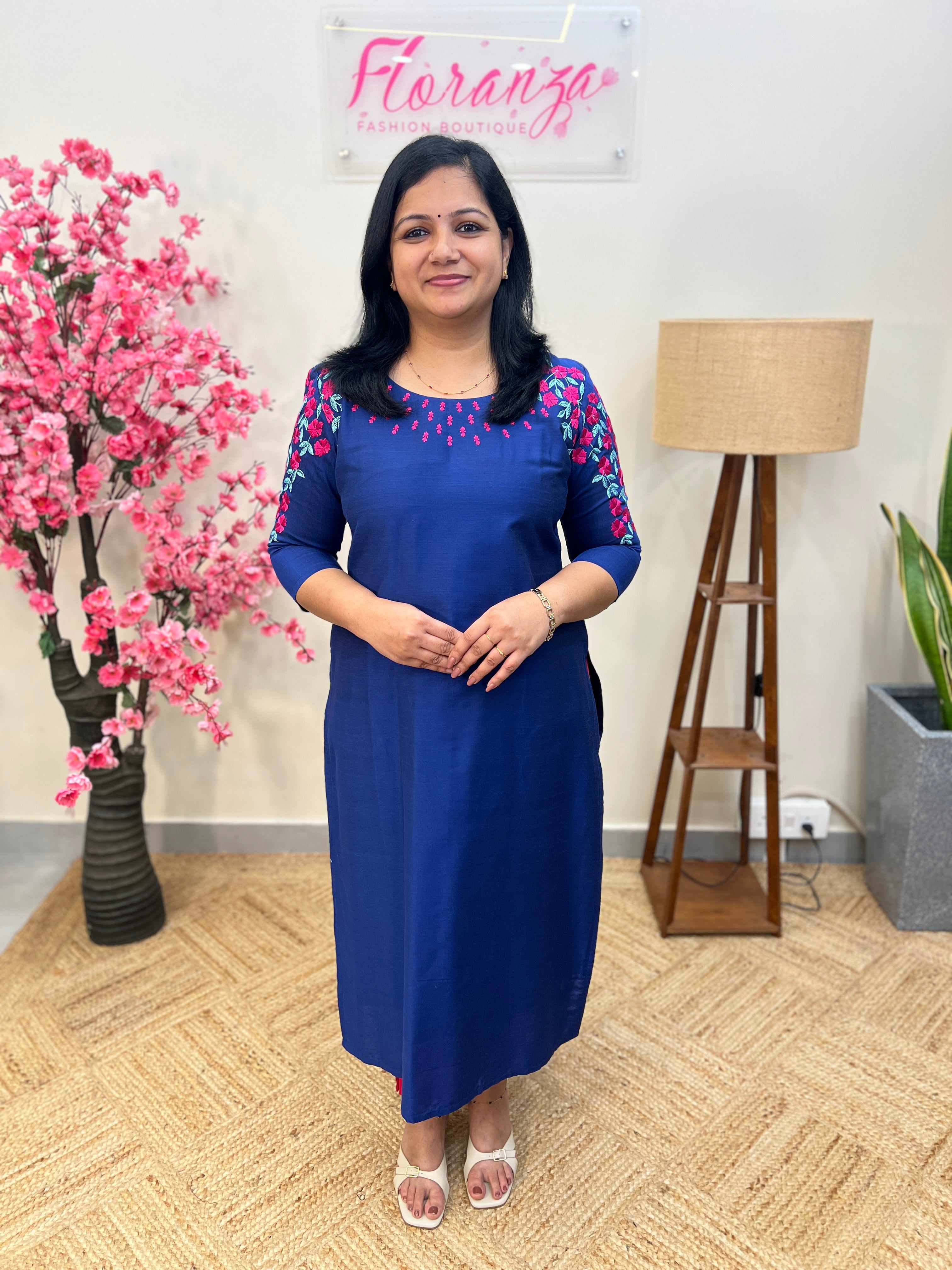 Pre-Book: Florique Kurti In Slub Silk-Royal Blue(3868)