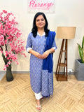 3 Piece Set In Pure Cotton Ikkath Print -Lavender mix Dusty Blue( 3809)