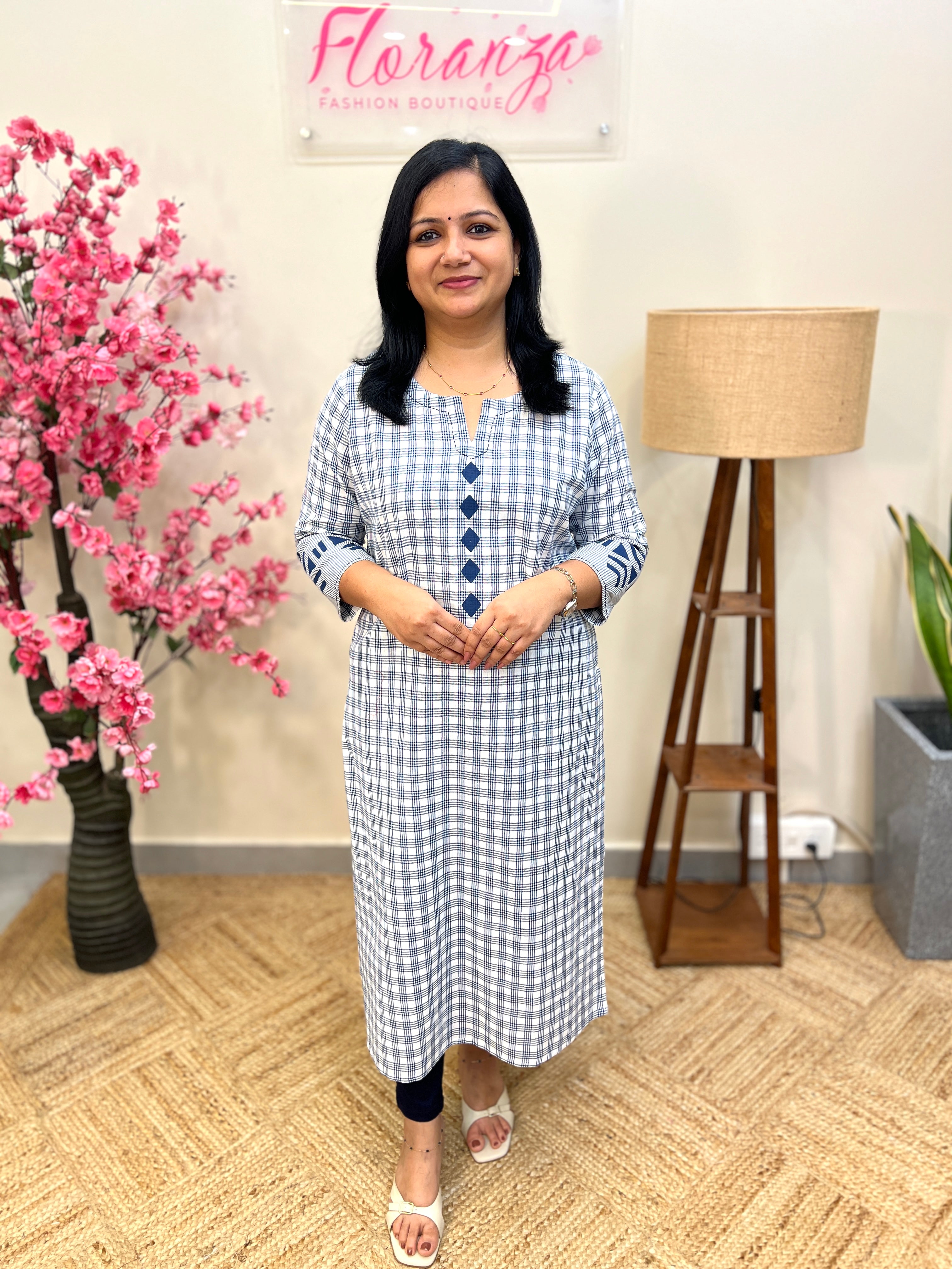 Anvita Brand Kurti in Cotton-Blue n White (3875)