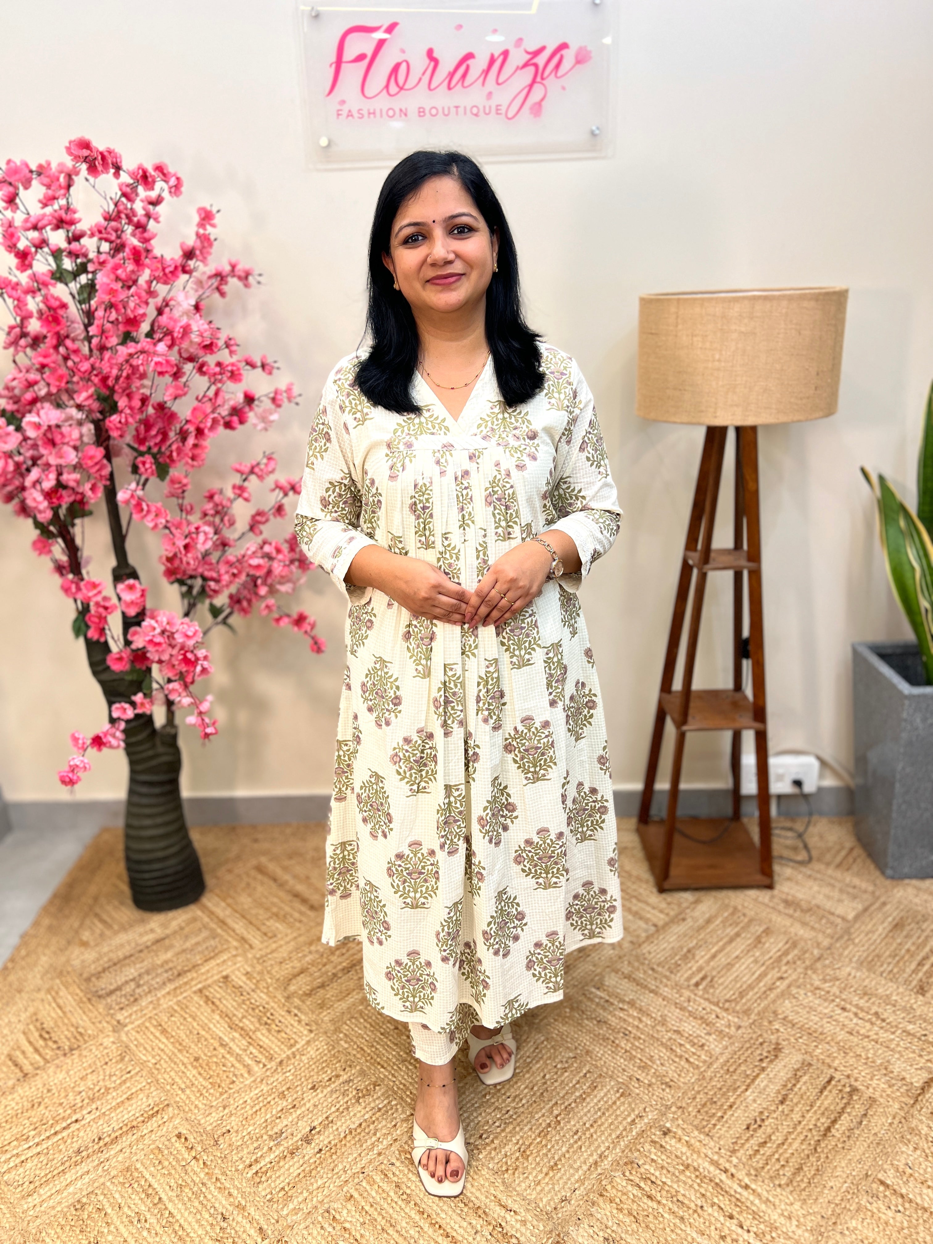 Co-ord Set In Jaipur Cotton with Sanganeri Print- Off-White n Lilac(3876)