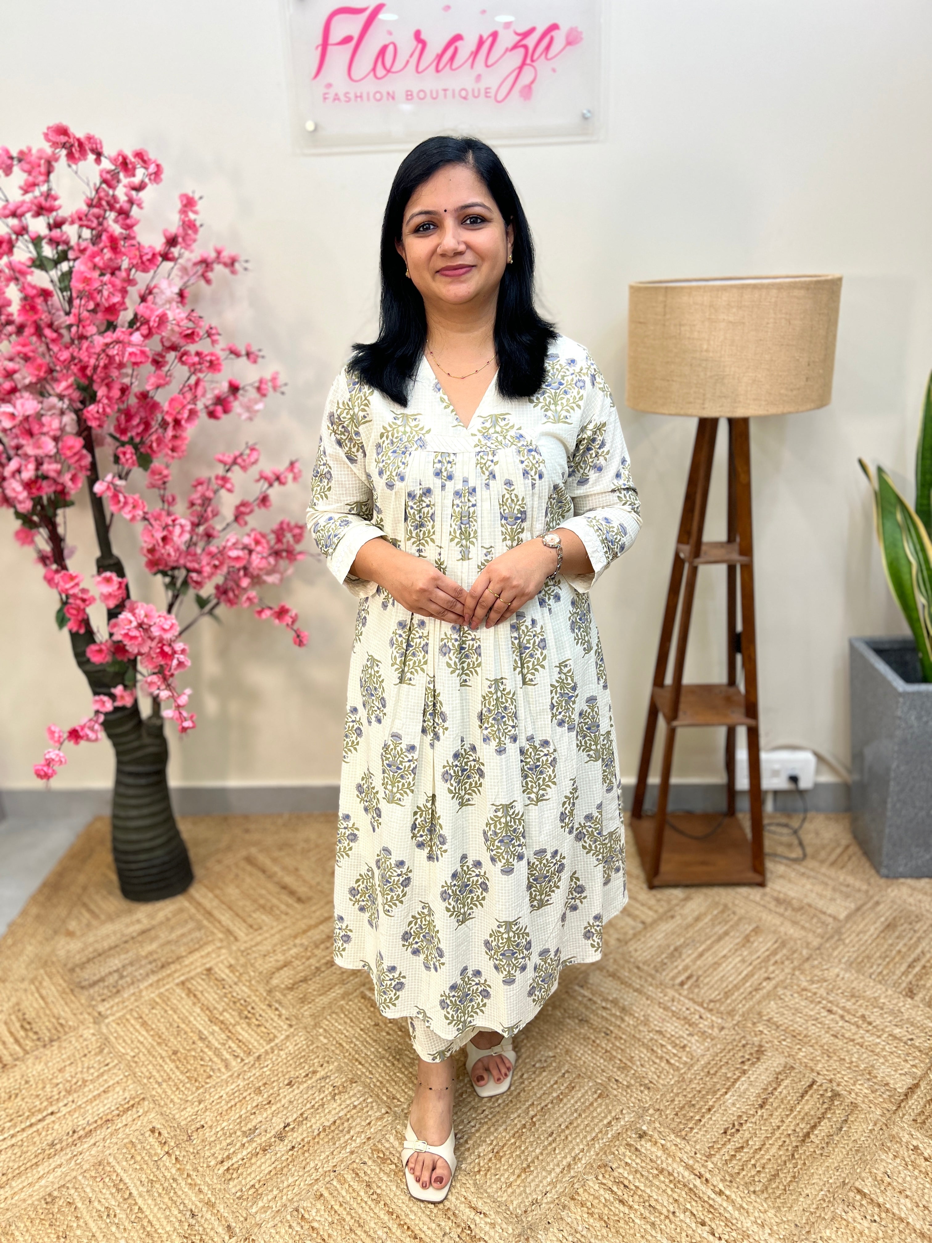 Co-ord Set In Jaipur Cotton with Sanganeri Print- Off-White n Light Blue(3876)