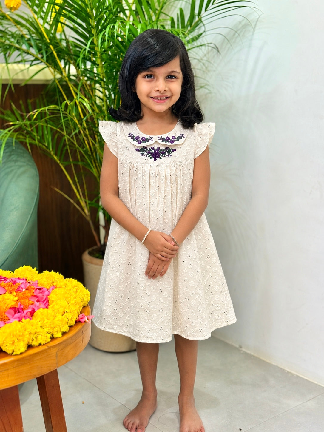 Pre-book- Florista Onam special Kids Frock In Hakoba  -Off-White(3878)