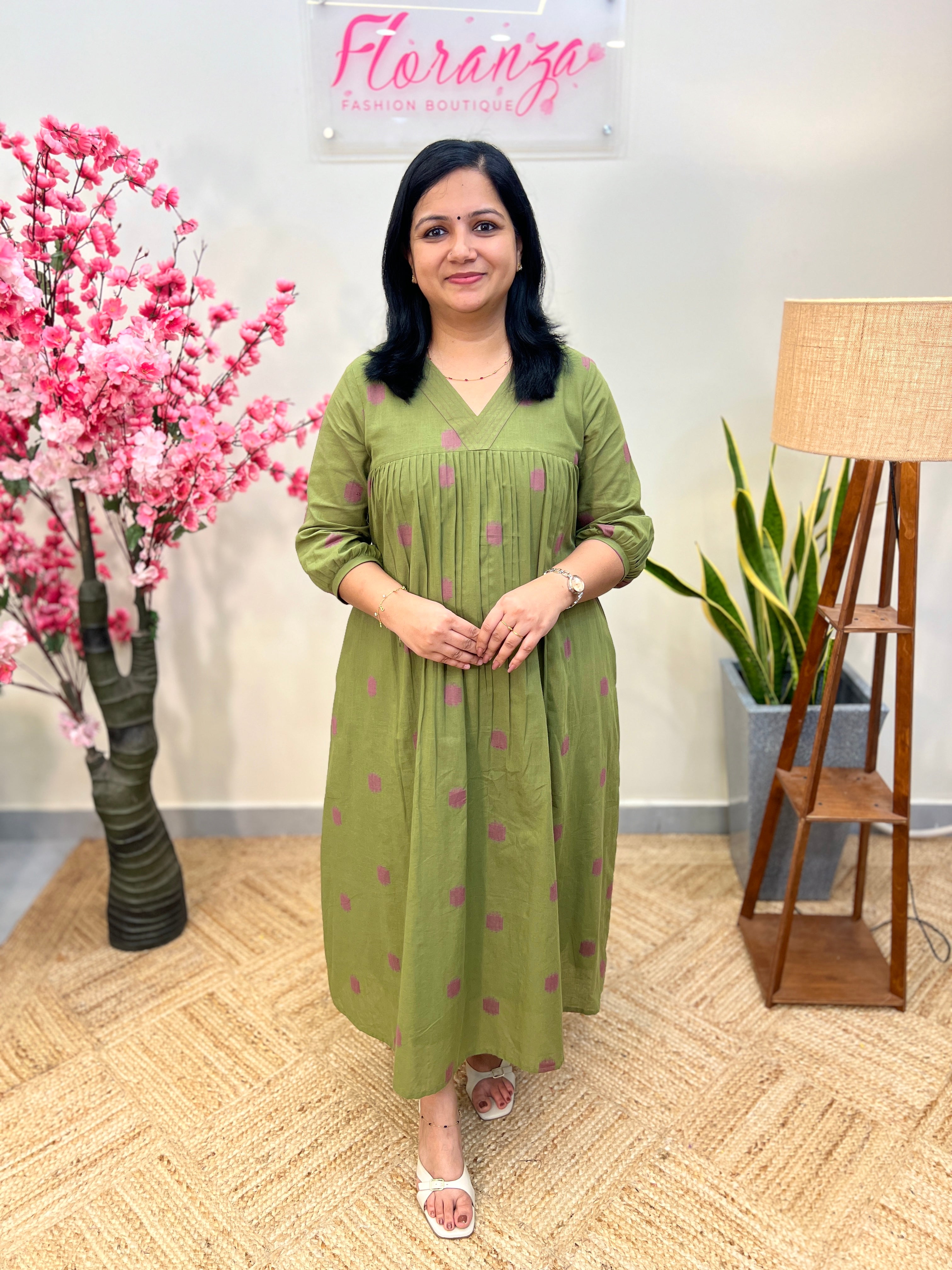 Florista Kurti In South Weaved Cotton - Green(3892)