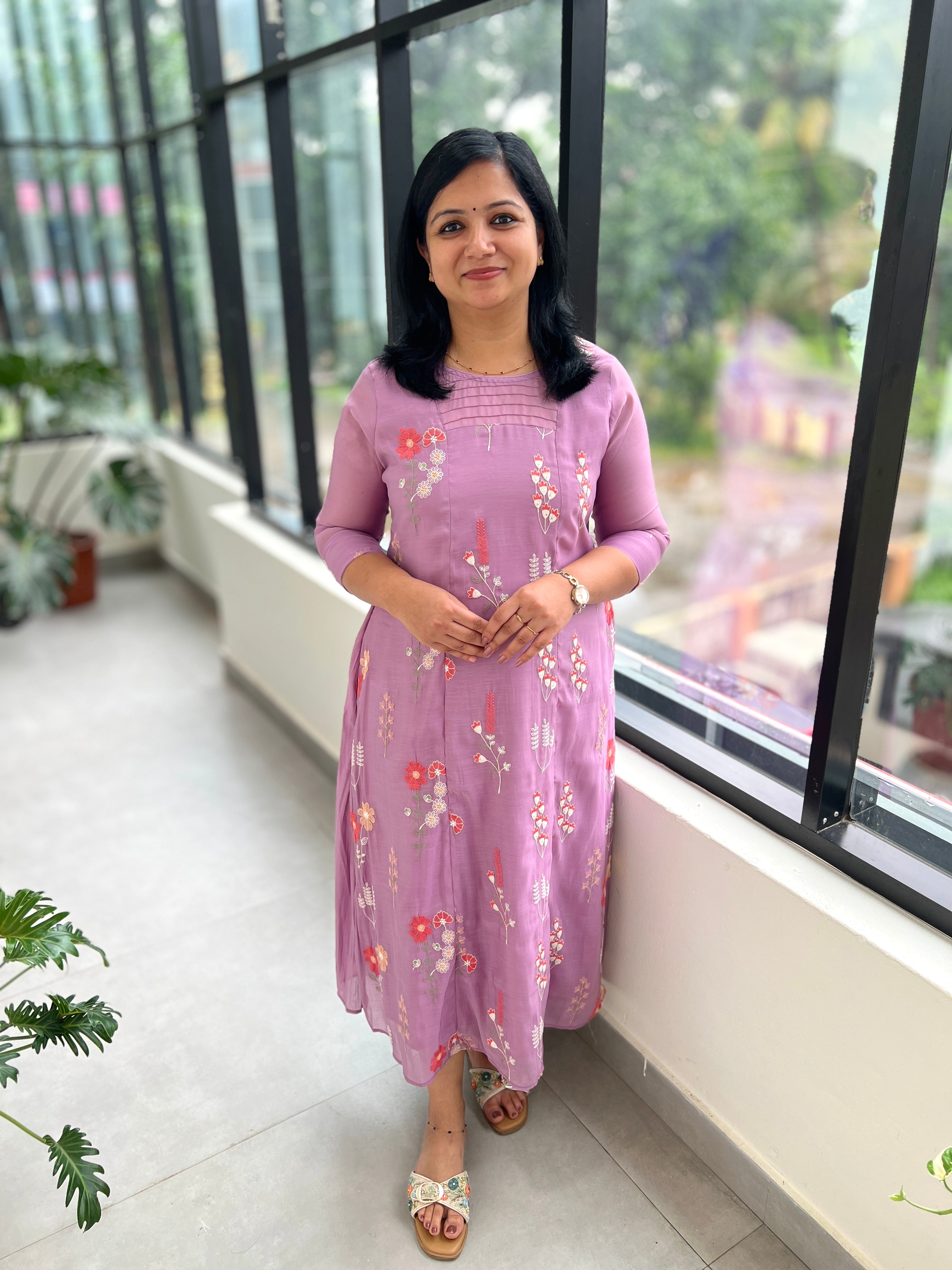 Florista Kurti In Mul-Chanderi - Lavender (3899)