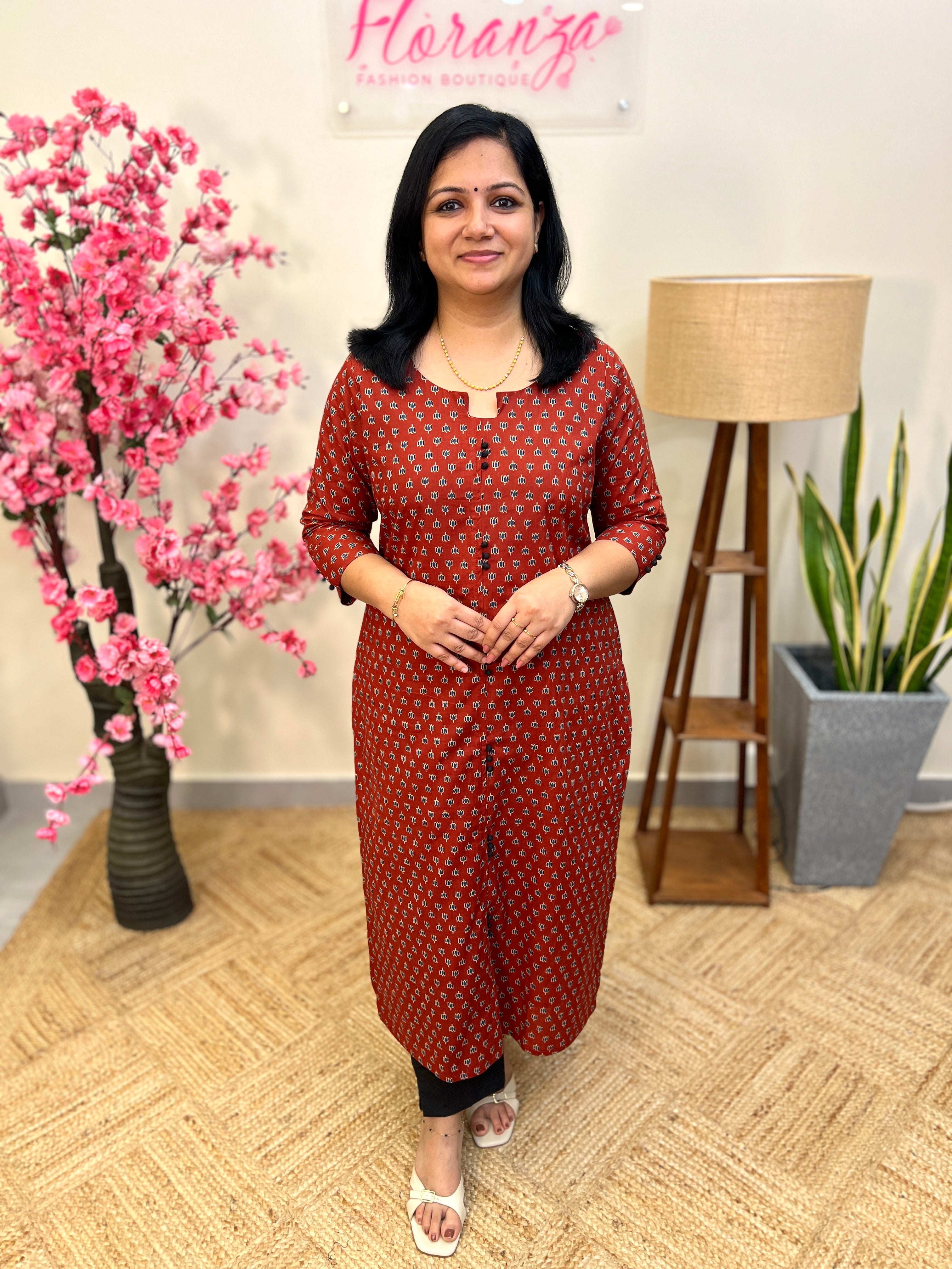Florista Budget Friendly Kurti In Cotton- Brick Red  (3894)