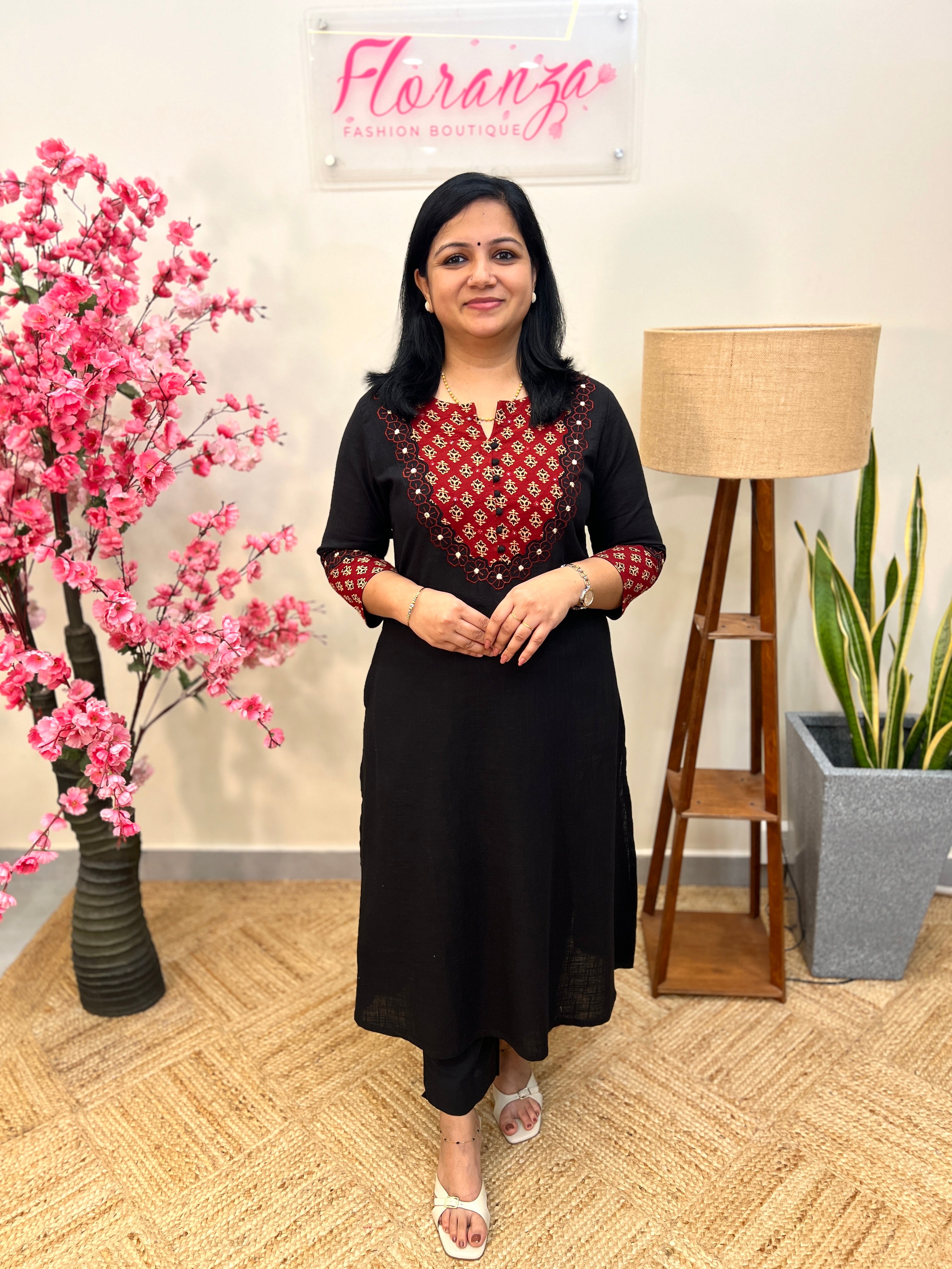 Anvita Brand Kurti in Cotton -Black n Brick combo(3911)
