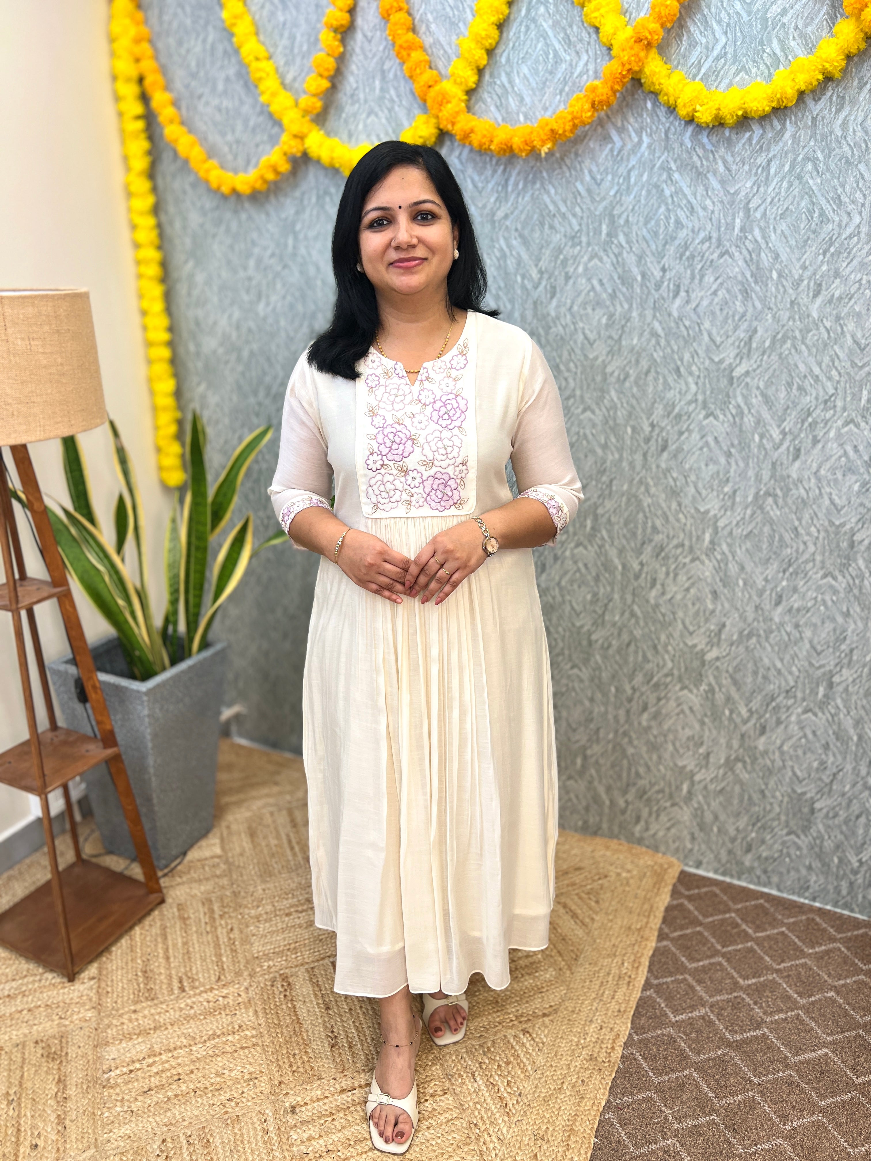 Florista Onam Special Kurti in Mul-Chanderi -Off-white with Lavender (3912)