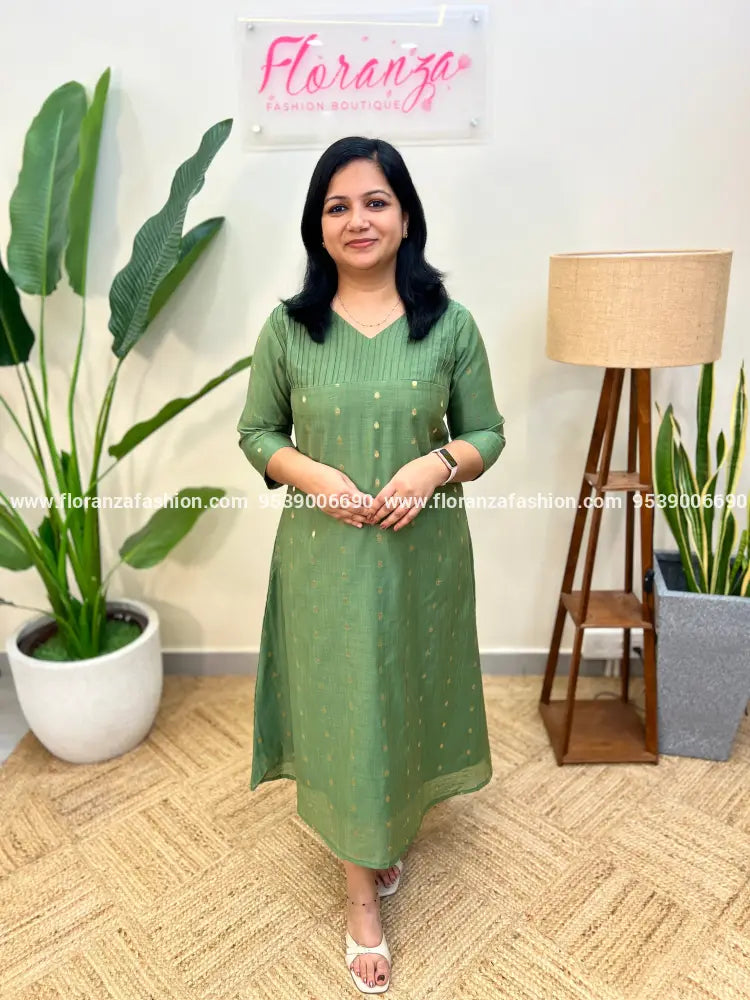 Aline Kurti In Chanderi - Green (3953B) - Green / M